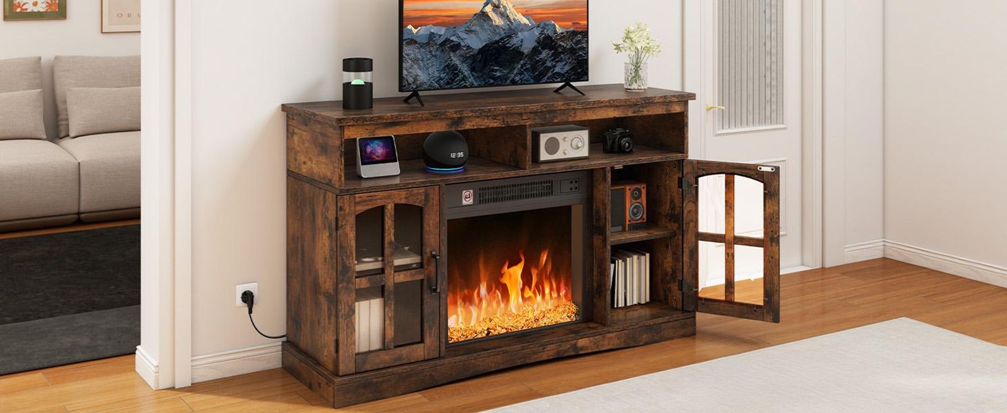 YITAHOME Elektrokamin mit Schrank, Wandkamin mit flammeneffekt, 17–27 °C, Timer, Überhitzungsschutz, Heizfunktion & Fernbedienung