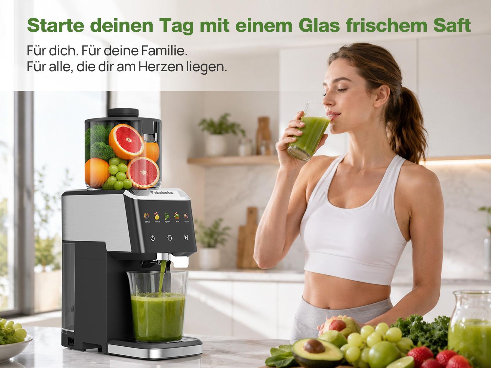 FATABETA Entsafter Slow Juicer 135 mm Große Öffnung elektrisch entsafter für Gemüse und Obst 1,6 L Füllvolumen mit 2 Gläsern, Elektrische Saftpresse