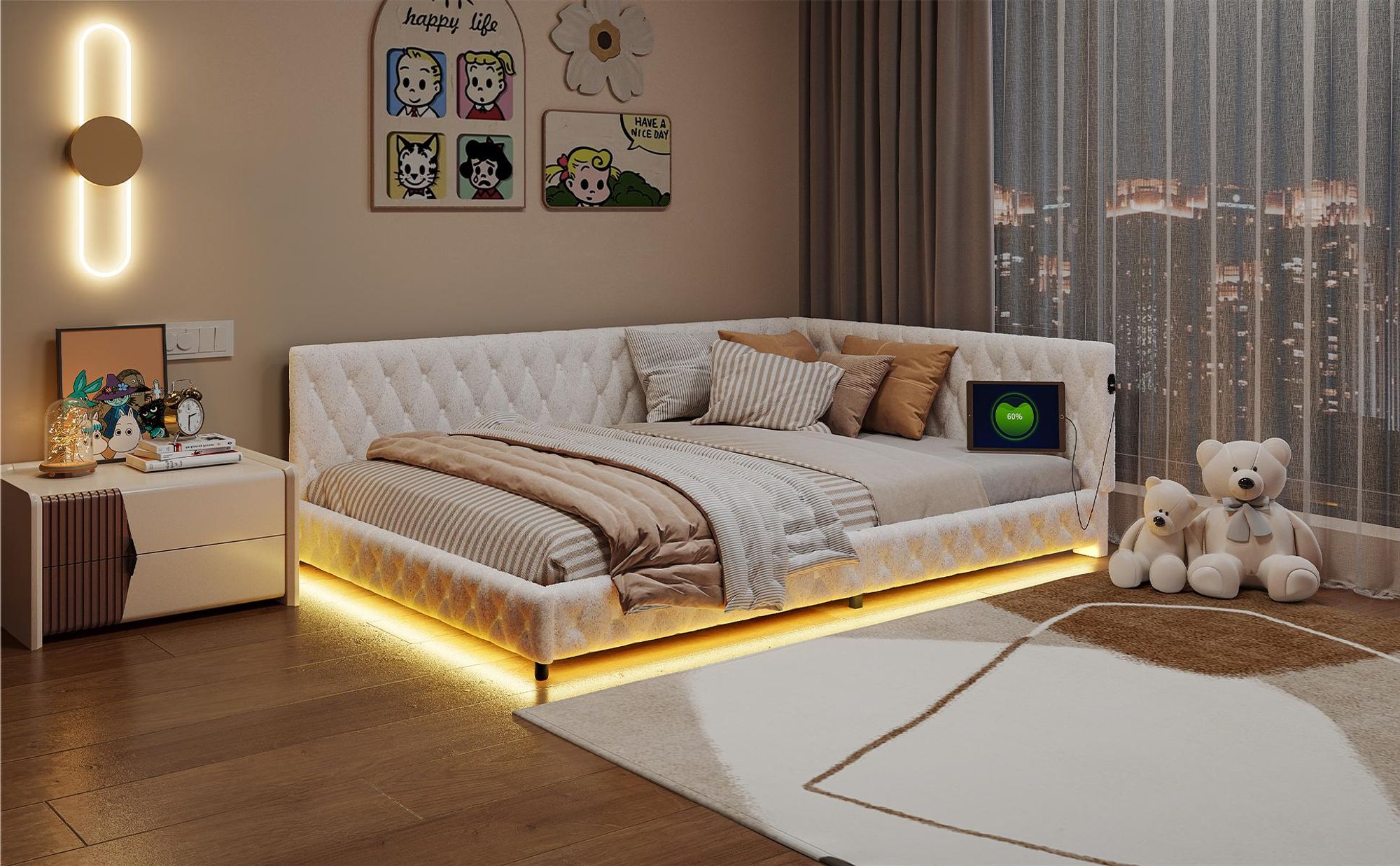 INONEFT  Polsterbett 140x200cm mit LED- und USB-Schnittstelle,Schlafsofa Tagesbett mit lattenrost ,doppelbett jugendbett,Teddyfleece,Beige.