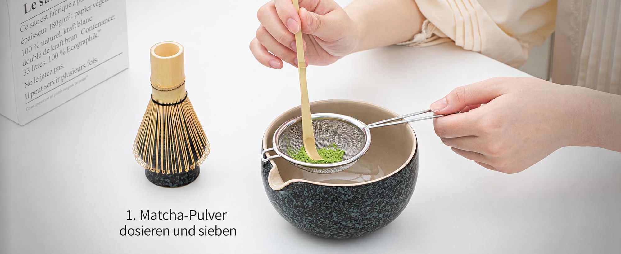 Matcha Set, 7-tlg. Komplettset, Matcha Schale mit Ausgießer, Bambus Besen, Zubehör für Matcha Zeremonie, Naturmaterialien, Geschenkidee
