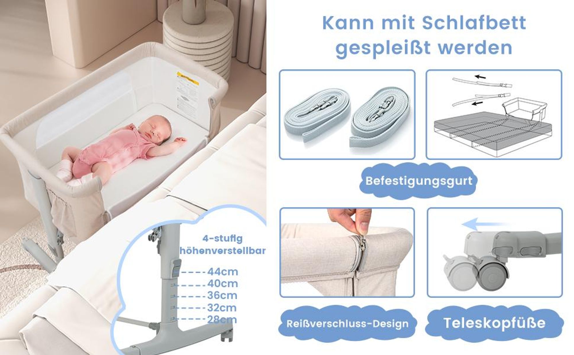 COSTWAY 3 in 1 Beistellbett & Babywiege & Reisebett, 5-stufig Höhenverstellbares Babybett, 10° Neigung, Kinderbett inkl. Matratze, Tragetasche, Stubenwagen für Babys bis 9kg belastbar (Hellgrau)