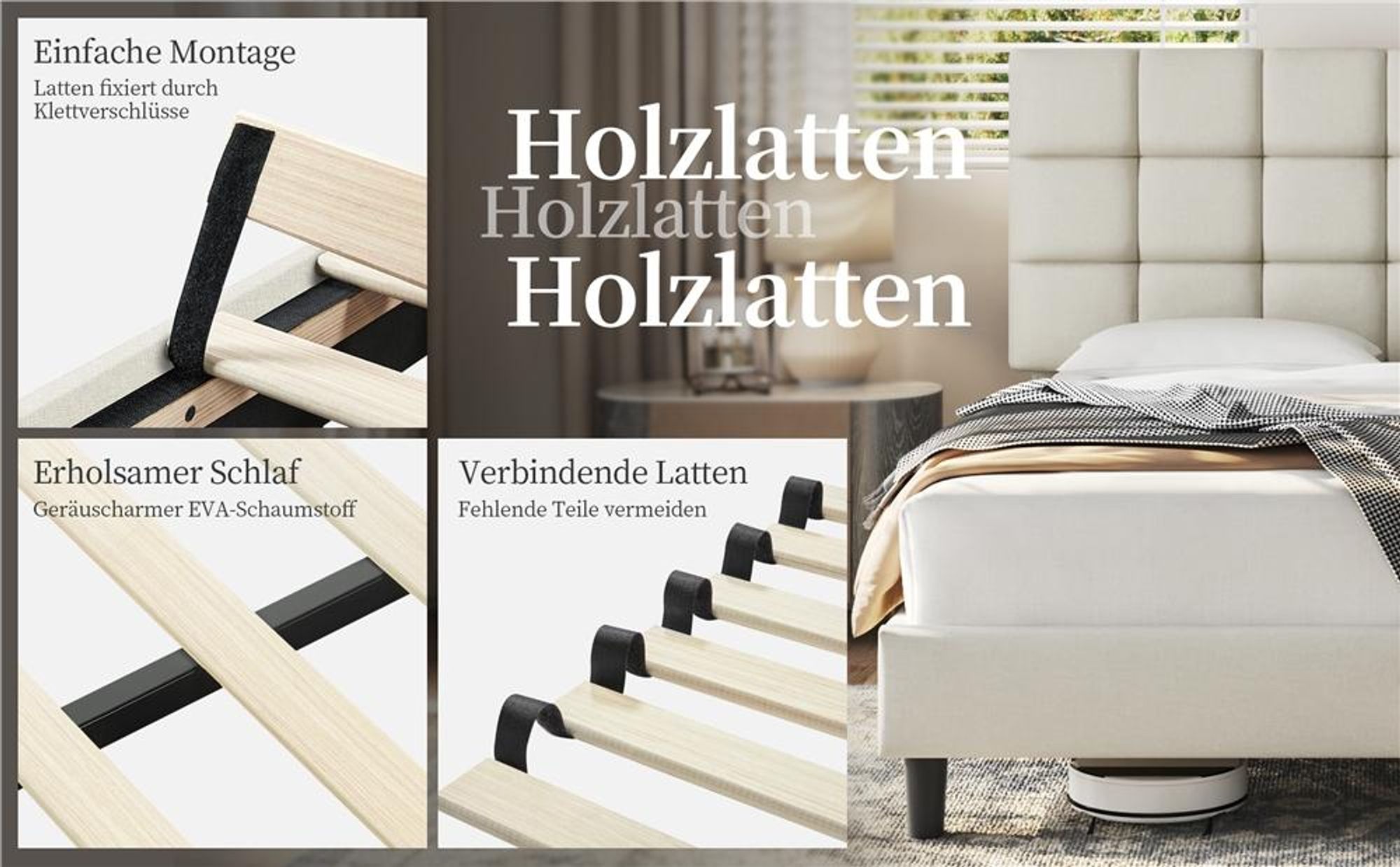 Yaheetech Polsterbett 160 x 200 cm, Doppelbett mit höhenverstellbarem Kopfteil, Bettrahmen Bettgestell mit Lattenrost, Beige