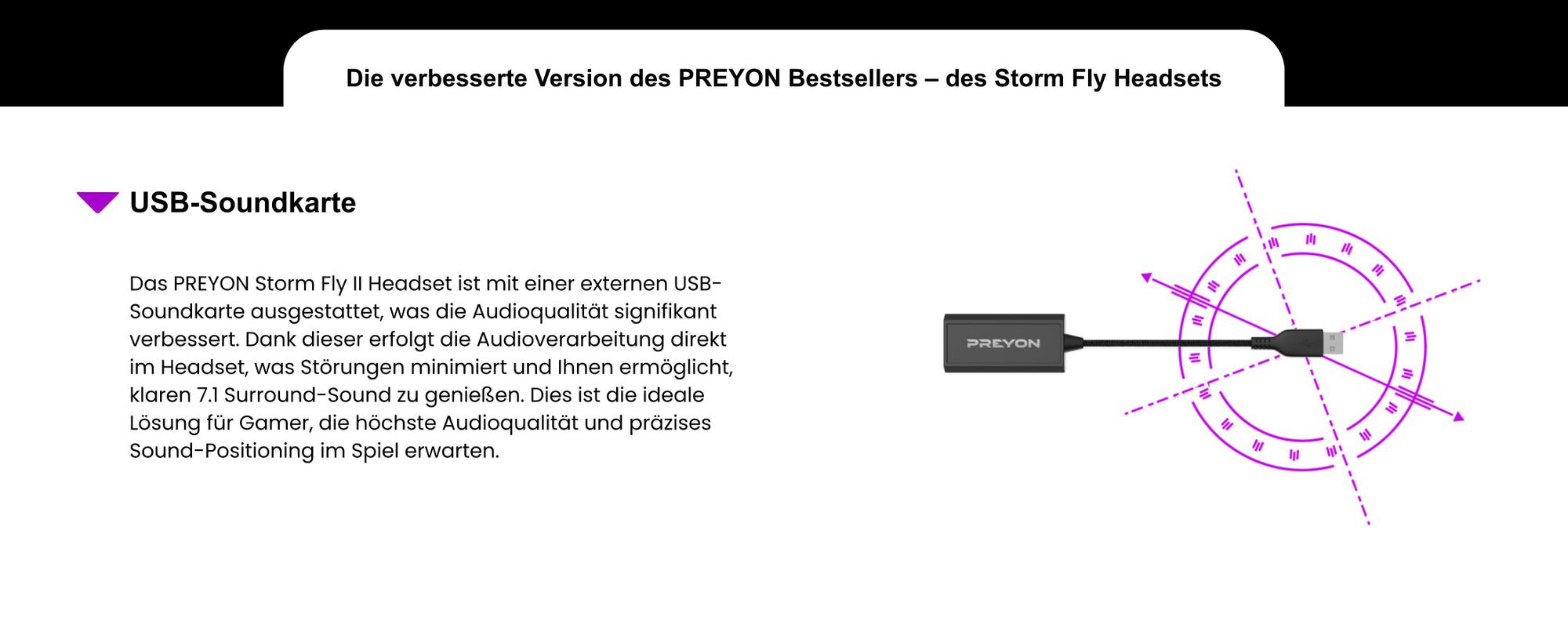 PREYON Storm Fly II 7.1 Surround Sound Gaming Headset, Kabelgebundene Over-Ear PC Kopfhörer mit Mikrofon, USB Soundkarte, Memory-Schaumstoff Schwarz