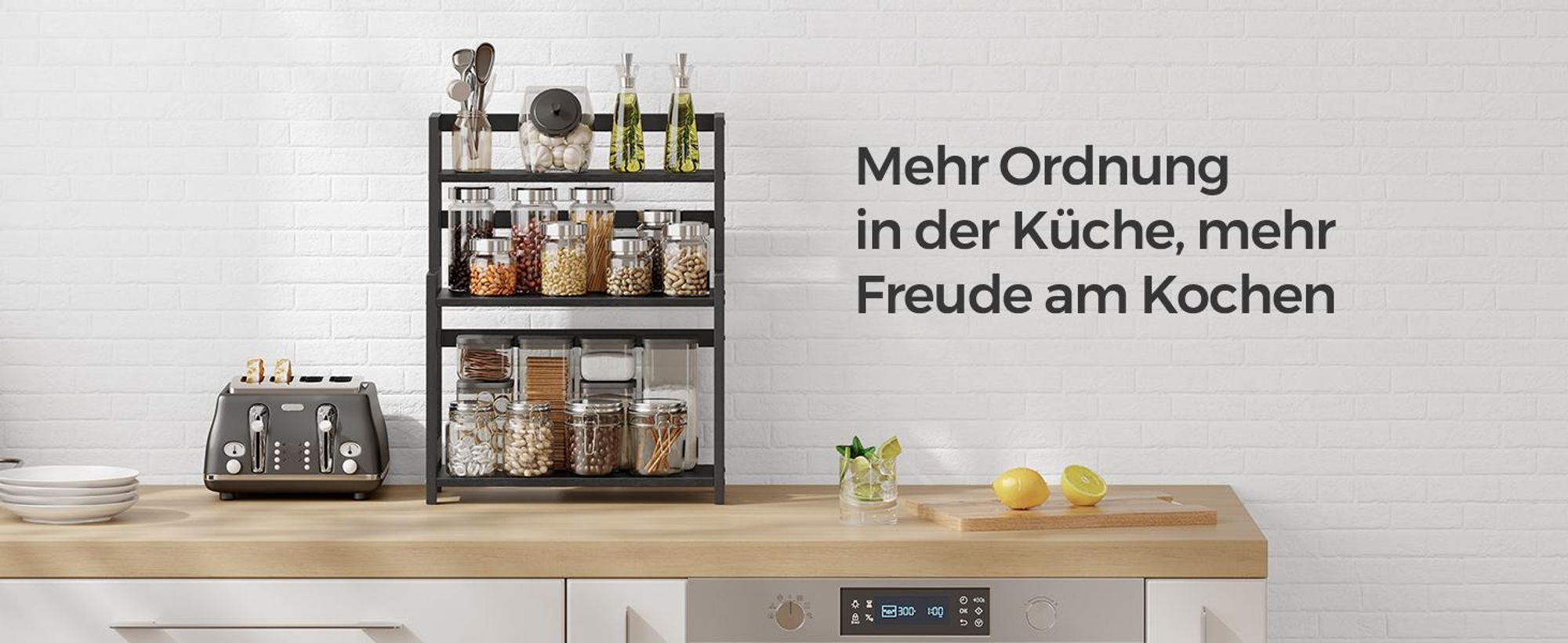 Gewürzregal mit 3 Ebenen, Küchenregal, Aufbewahrungsregal, für Arbeitsplatte, Bambusgestell, für Küche, Esszimmer, Büro, ebenholzschwarz