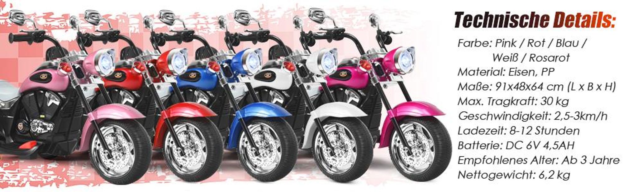 Elektromotorrad 6V, Kindermotorrad ab 3 Jahren, Elektro-Motorrad mit einstellbaren Scheinwerfern & Hupe & Pedalen (Weiß)