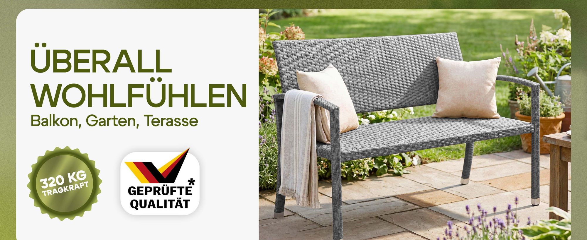 CASARIA Gartenbank wetterfest, Polyrattan, 2-Sitzer 122 cm, 320 kg, Creme