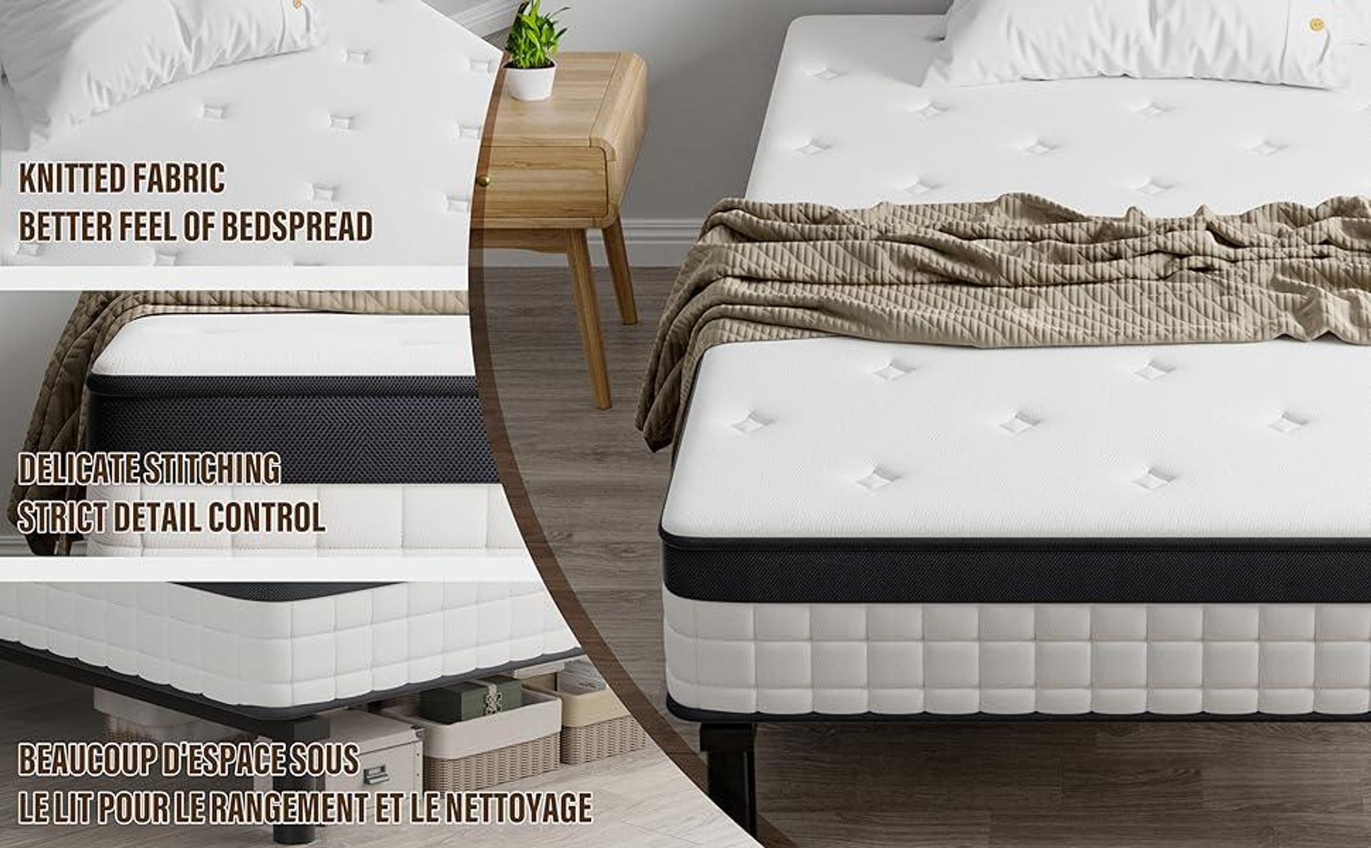 DEWINNER Ensemble Matelas 90 x 190 CM avec Sommier, Matelas à Ressorts ensachés et Robuste Cadre de lit en Fer avec 6 Pieds, Lit Complet, épaisseur 18