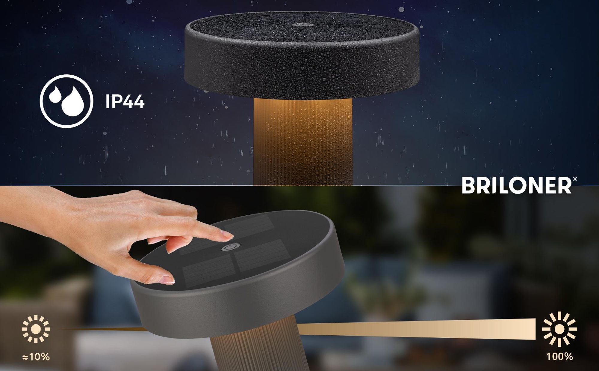 Briloner LED Tischlampe Kabellos Ø16x20cm 1W 150lm 3000K Warmweiß Solar Anthrazit - Tischleuchte Wohnzimmer Flur Balkon