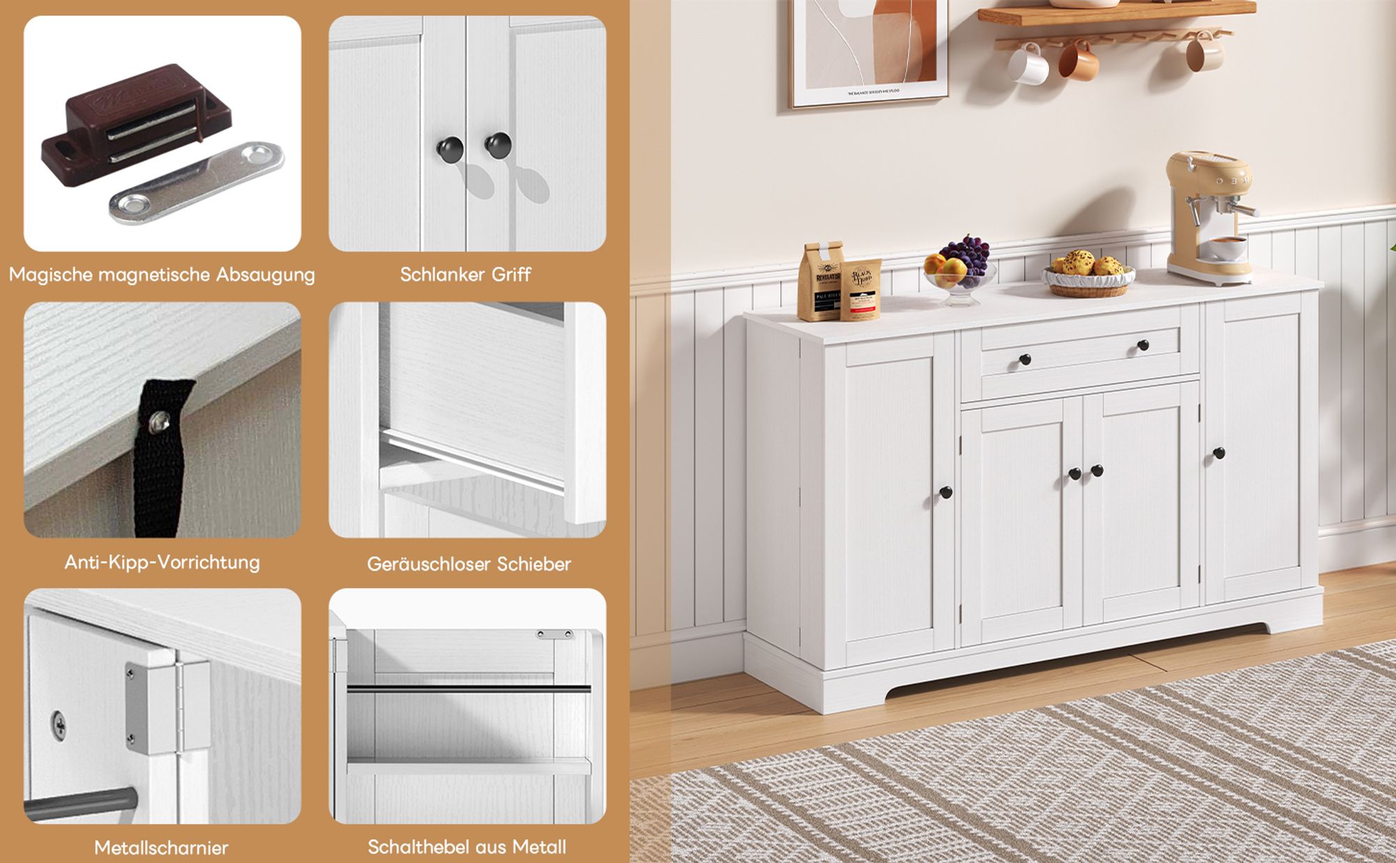 Flieks Sideboard Küchenschrank, Anrichte Küchenbuffet mit verstellbare Ablagen, Aufbewahrungsschrank für Küche, Wohnzimmer, Esszimmer, Weiß