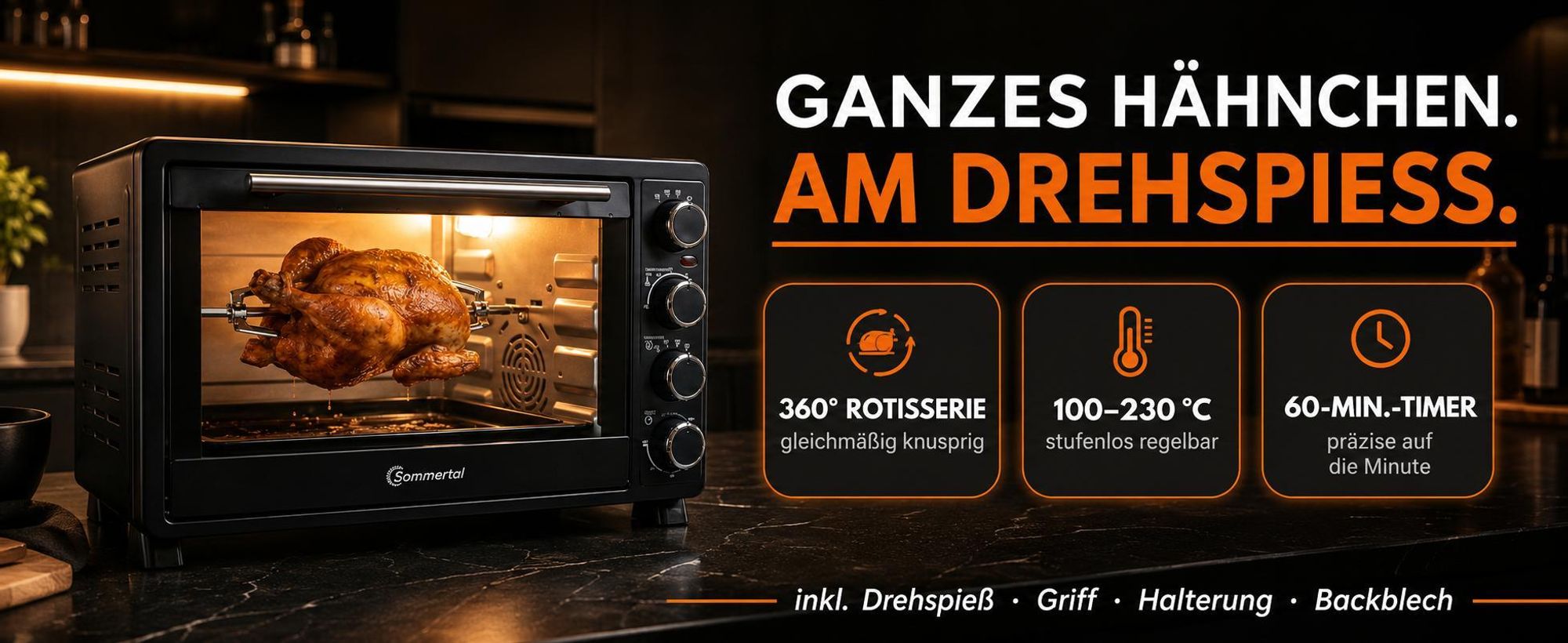 Sommertal Minibackofen 30 Liter mit Drehspieß & Umluft, 1500W, Hähnchengrill, Backen, Grillen & Pizza, Campingbackofen, 100–230°C, inkl. Zubehör