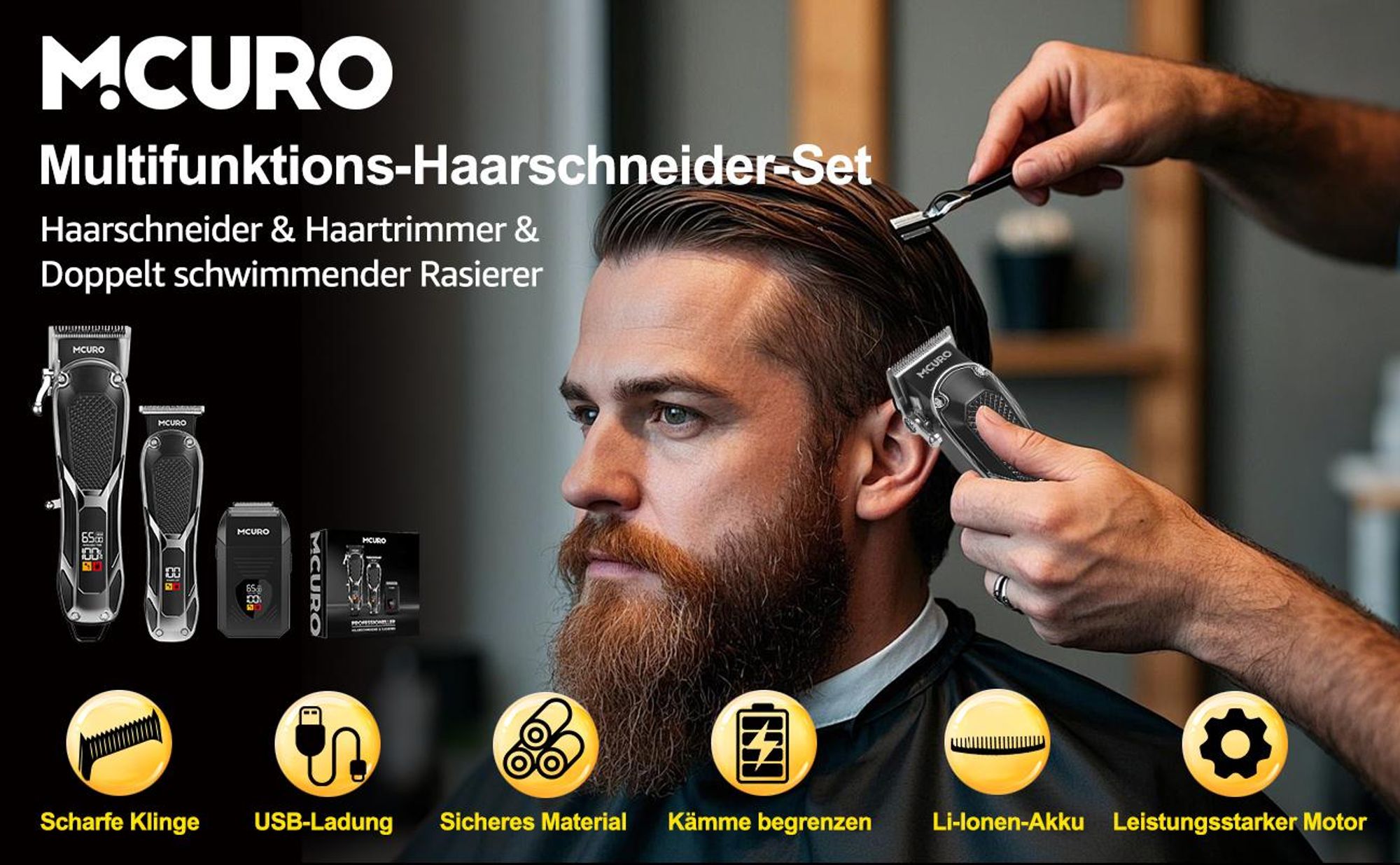 MCURO Haarschneider Elektrisch Profi,Haarschneidemaschine Barttrimmer Set für Herren mit 12 Kammaufsätzen, Haar- und Bartschneider Wasserdicht & Kabellos mit LED-Akku