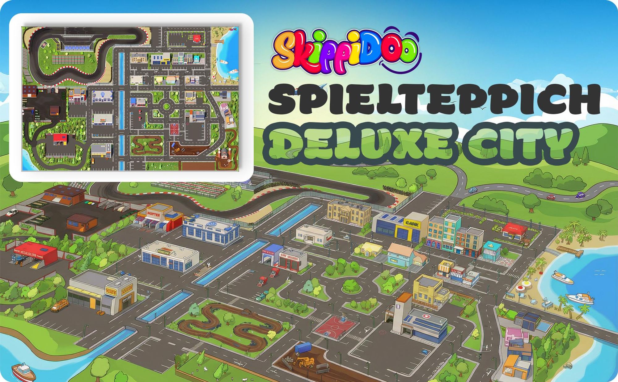 SkippiDoo Kinder Spielteppich Straßenteppich (300x200 cm) - rutschfest & -zertifziert - Teppich Jungen & Mädchen Kinderzimmer, Kinderteppich