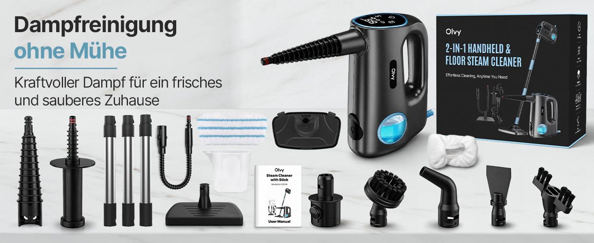 Olvy 14-in-1 Dampfreiniger mit Wischfunktion und Touchscreen – 125 °C Dampf – Handdampfreiniger für Teppiche, Sofas & Hartböden – 5 m Kabel