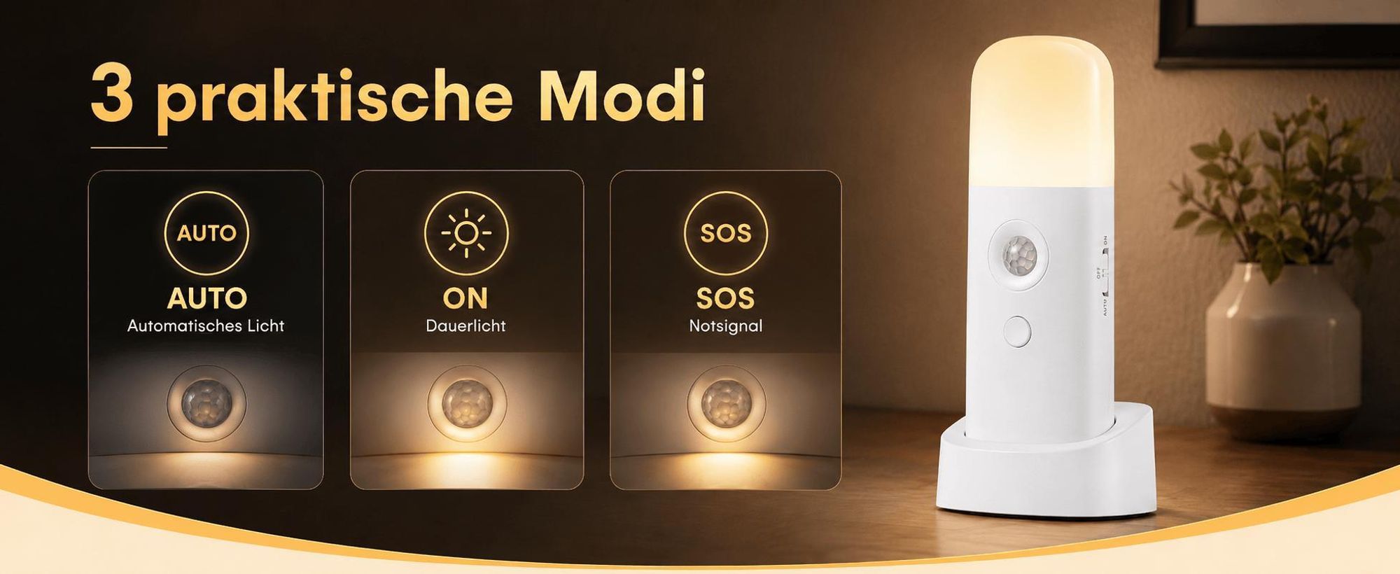 2 Stück LED Nachtlicht mit Bewegungsmelder, 6M Sensorlicht, 5 Helligkeitsstufen & 3 Modi (inkl. SOS) – Bis zu 6 Monate Akkulaufzeit, USB-C Aufladung