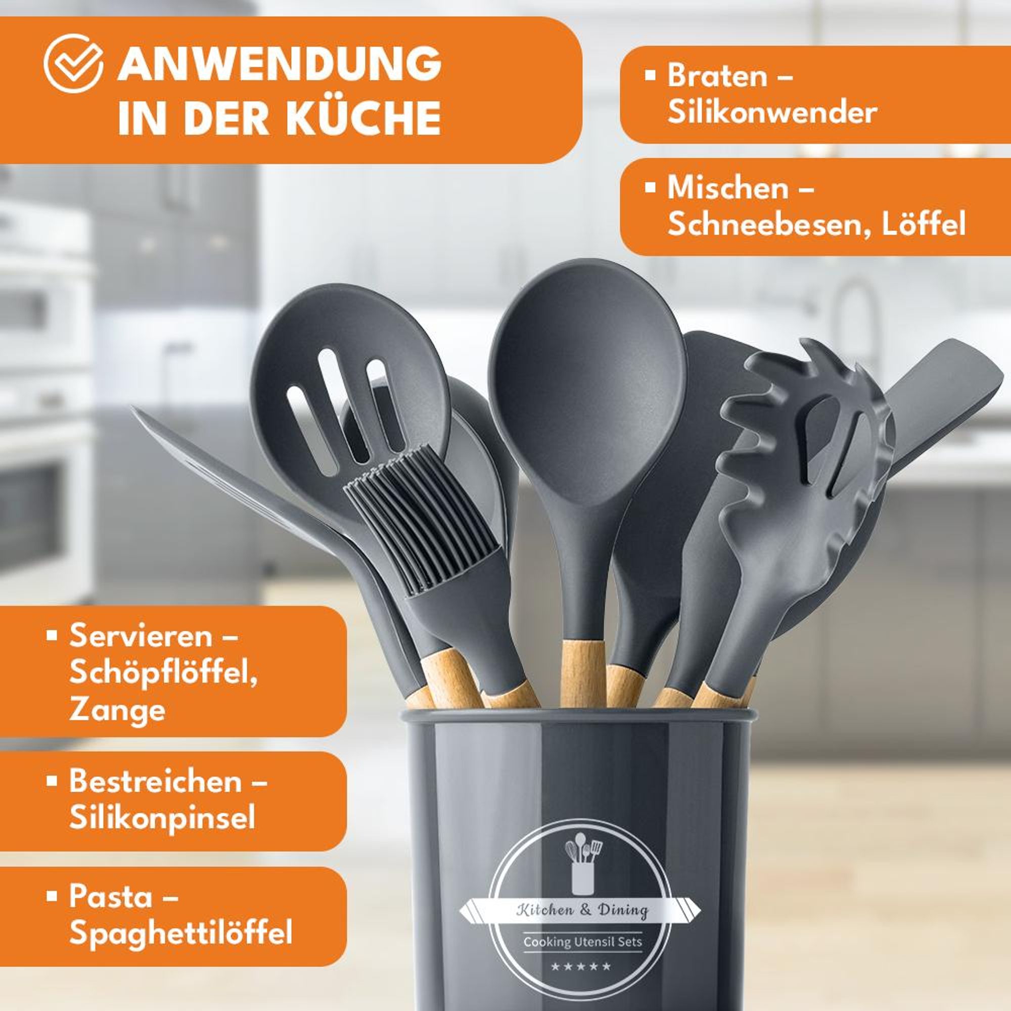 KRUMAD Silikon Küchenutensilien Set 11-teilig mit Holzgriffen, Kochbesteck Set mit Behälter, Küchenhelfer für Antihaft Pfannen, Grau