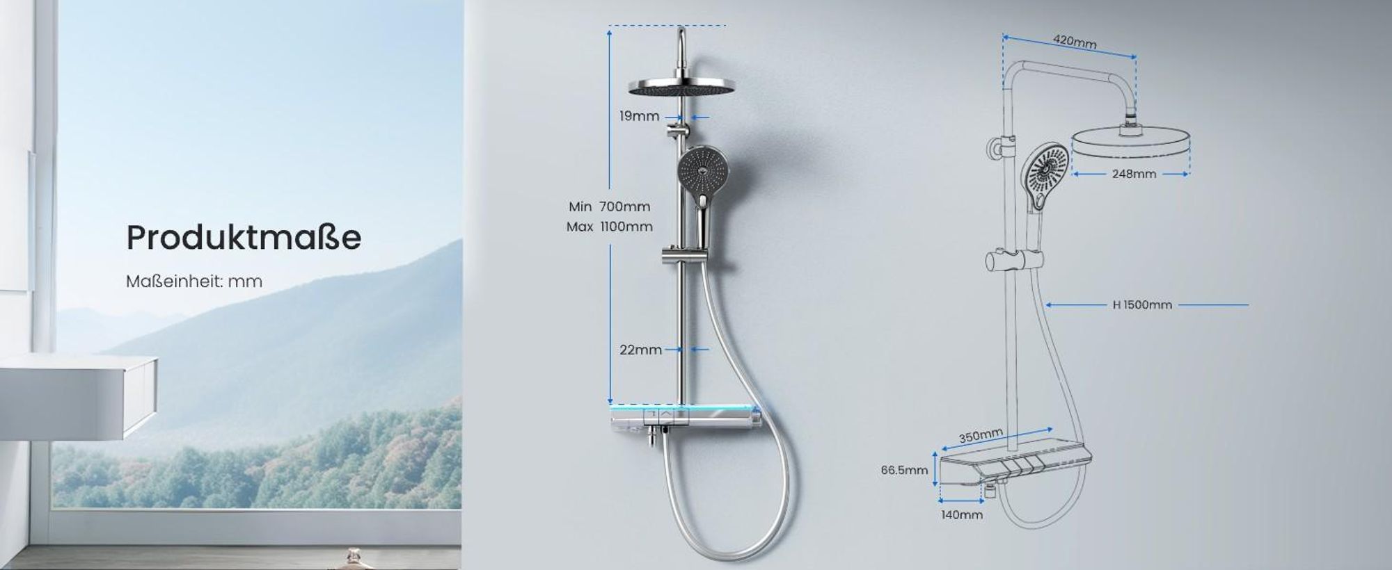 EMKE® Duschsystem mit Thermostat Chrom mit LED-Ambientebeleuchtung blau, Digitalanzeige, Regendusche 250mm, Badewannenauslauf & Glasablage F25