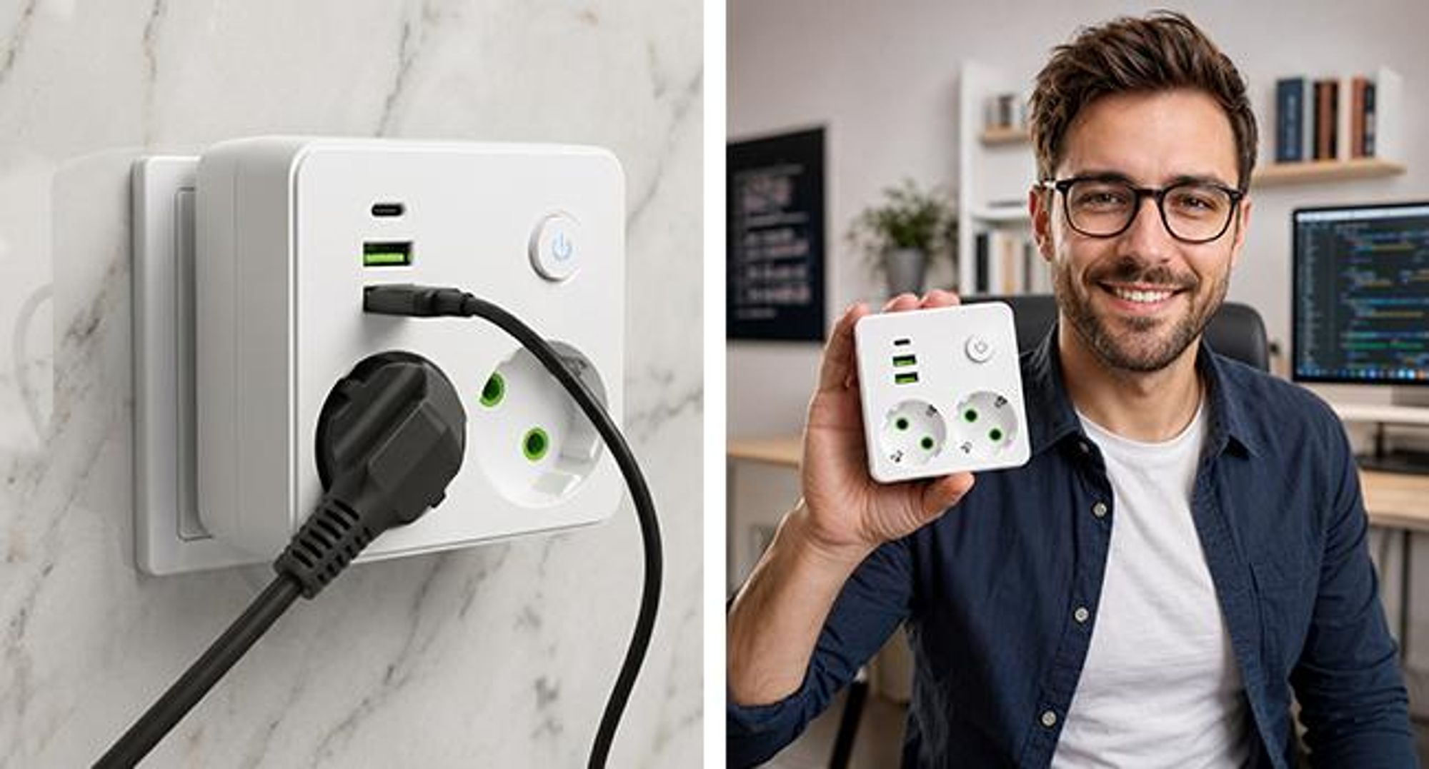 KRUMAD Steckdosenadapter 5in1 mit USB und USB-C, Mehrfachstecker Doppelsteckdose, 2-fach Steckdosenadapter ohne Kabel, kompakter Multistecker Weiß