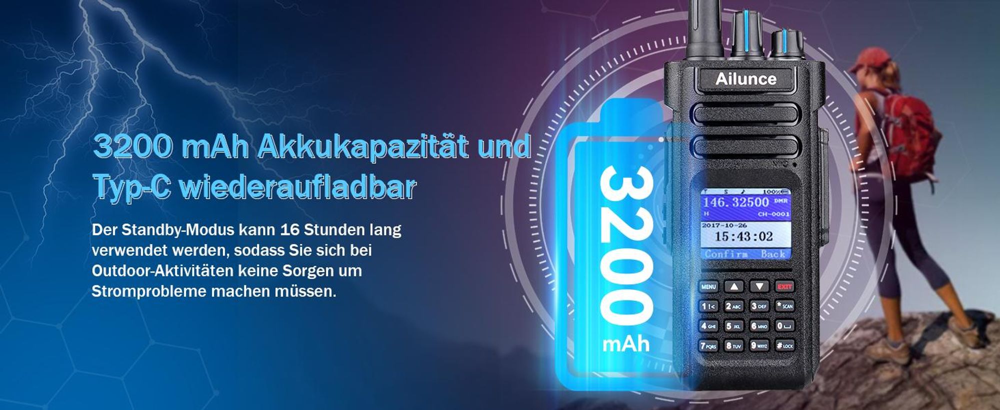 Retevis Ailunce HD1 Digitales Funkgerät, DMR Amateurfunk, GPS, Dual Band, 3200mAh, Type C, IP67 Wasserdicht, 16 Tasten DTMF