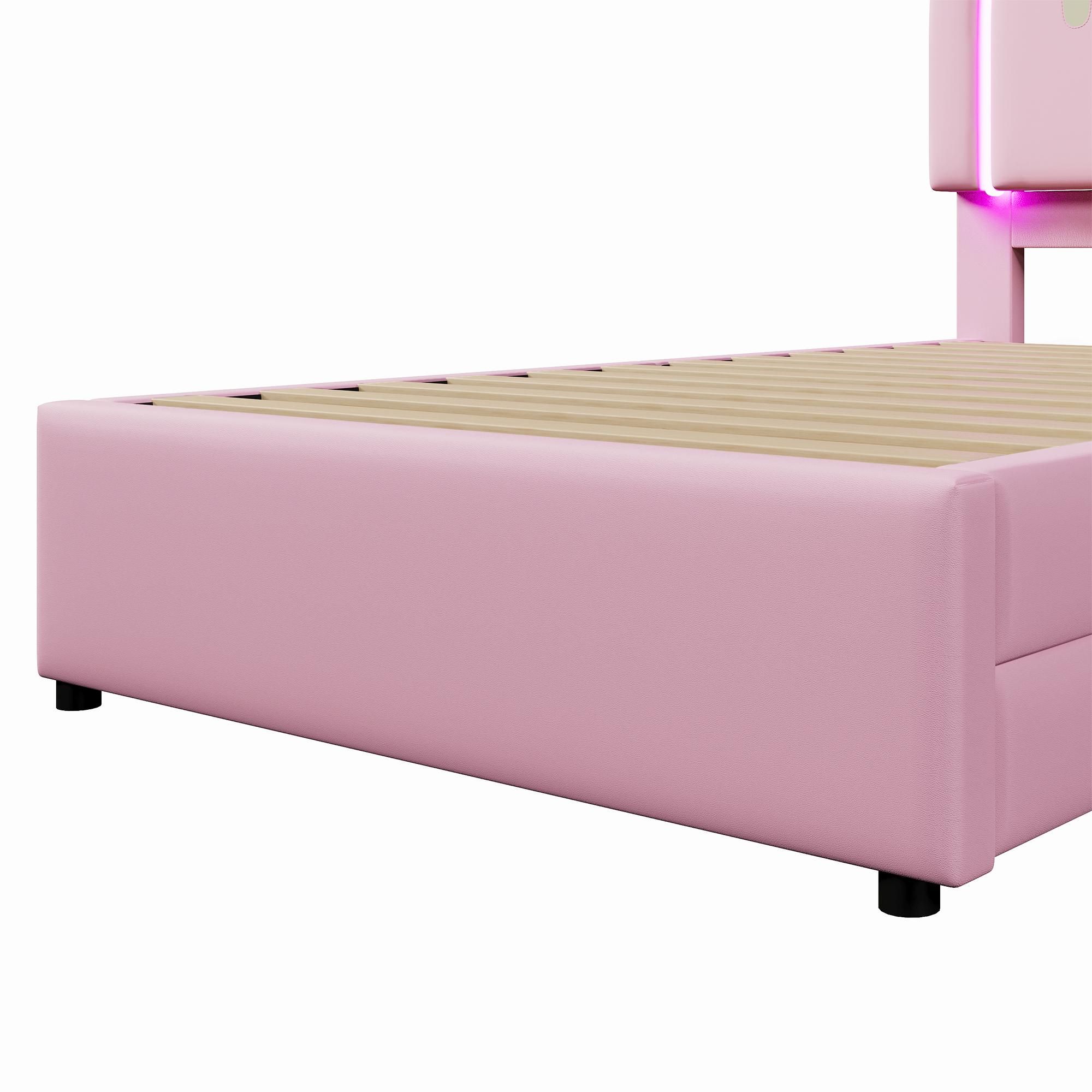 Merax Polsterbett 90x200 cm, Einhorn-Design Kinderbett mit Leuchtleiste, 2 Schubladen, Prinzessinnenbett, Jugendbett, für Kinderzimmer, PU, Rosa
