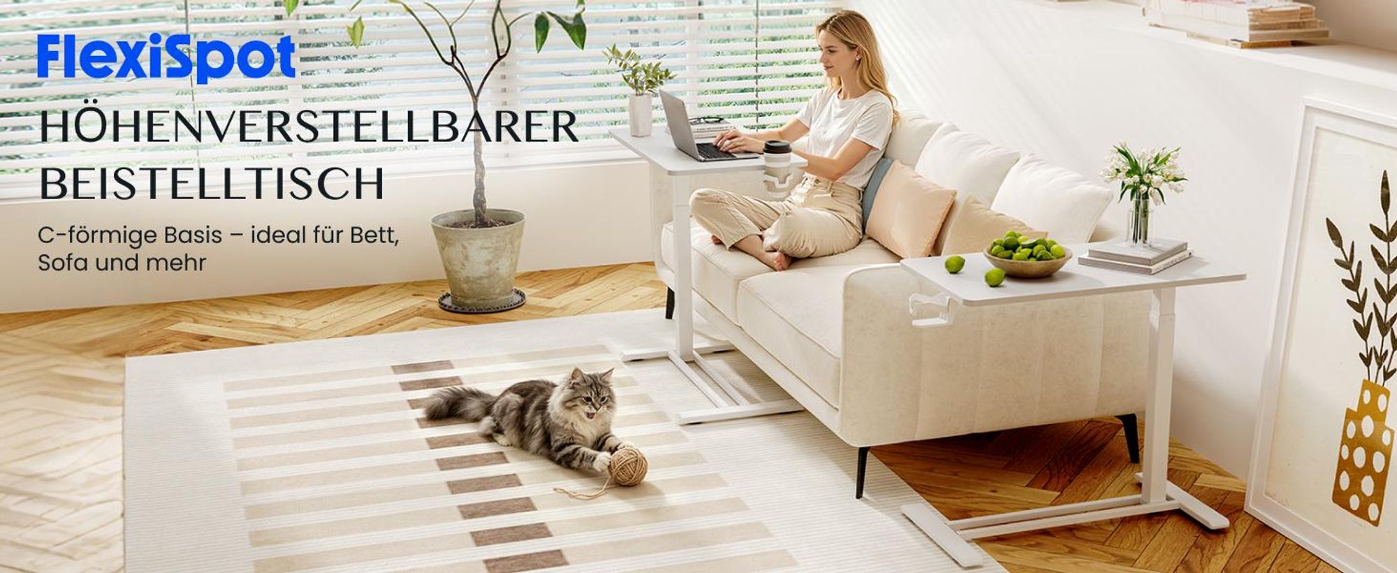 FLEXISPOT Beistelltisch Höhenverstellbar in C-Form, Laptoptisch mit Rollen, 66–106 cm, Nachttisch, für Bett und Sofa, Weiß