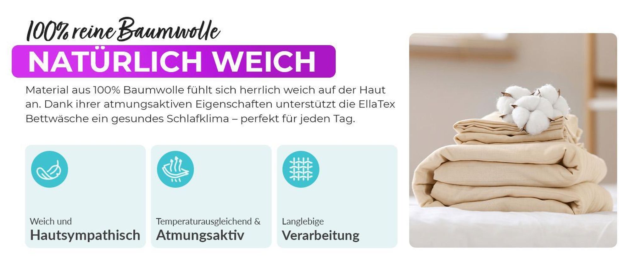EllaTex Renforcé Bettwäsche 200x200 + 2x 80x80 cm Baumwolle – 3 teiliges Bettwäsche Set, Farbe: Creme