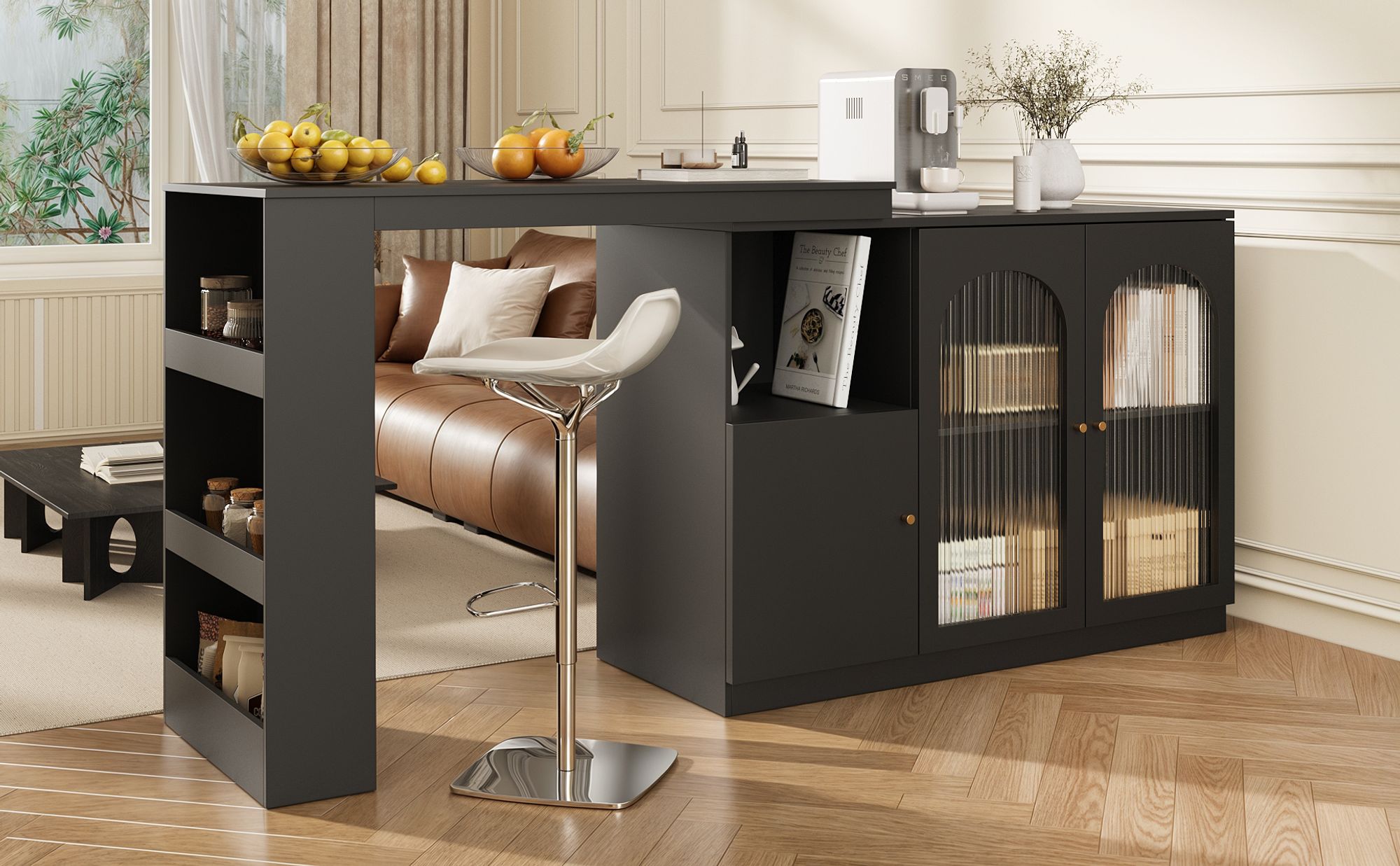 Flieks Bartisch 360°drehbar, Stehtisch mit Sideboard, Küchentisch ausziehbar, Kaffeebar mit Schrank, Sideboard mit Glastür, Schwarz
