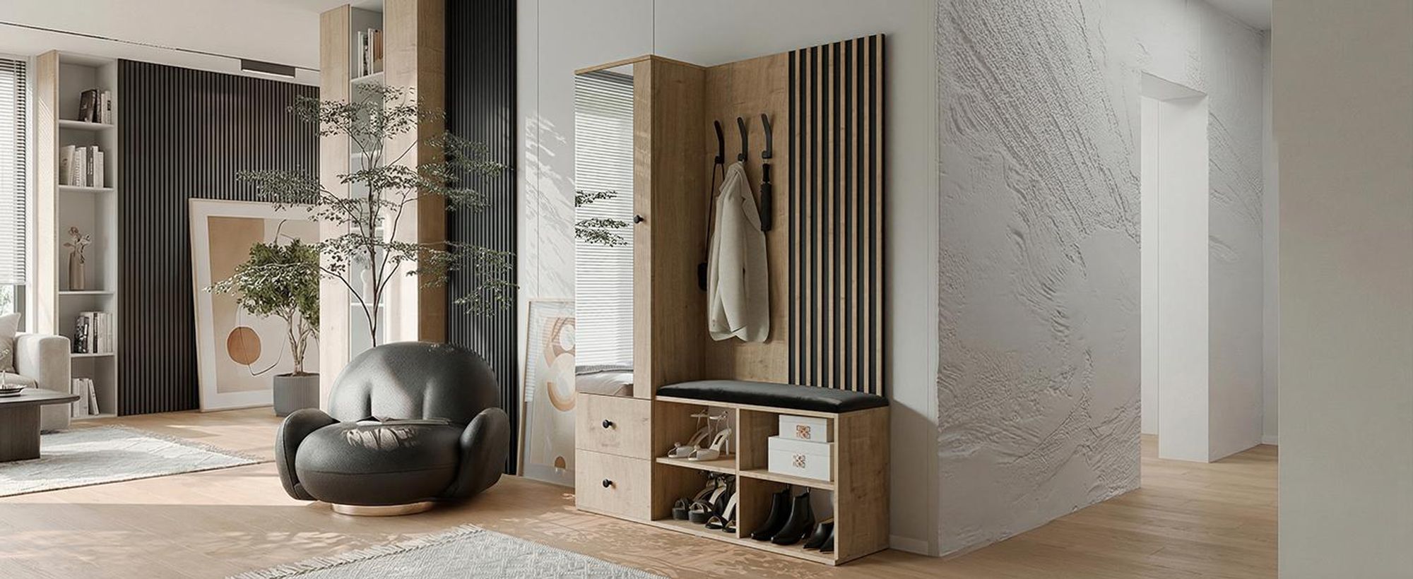 Idohome - Garderobe LUCA mit Sitzbank und Spiegel, Schuhschrank, Haken, Kleiderständer, Lamellen - Farbe Artisan Eiche 129x196x30 cm