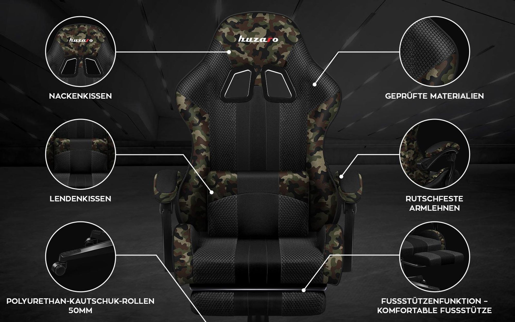 Huzaro Force 4.7 | Gaming Stuhl Bürostuhl Computerstuhl PC Chair | 90-140° Neigungswinkel Kopfstütze Lendenkissen Fußstütze Stoff | Camouflage Schwarz