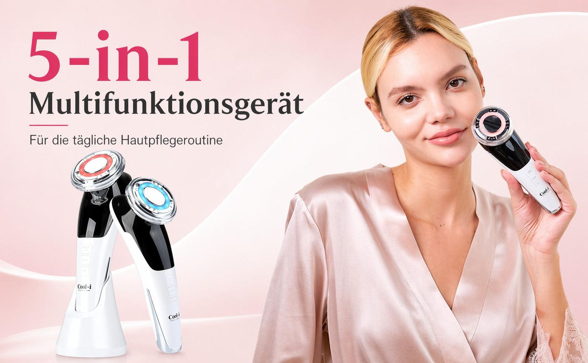COOL-i® 5-in-1 Beautygerät – Für ergänzende Gesichtspflege mit EMS, Licht-, Wärme- & Kühlfunktion – Kabellos & kompakt für Zuhause (Weiß)