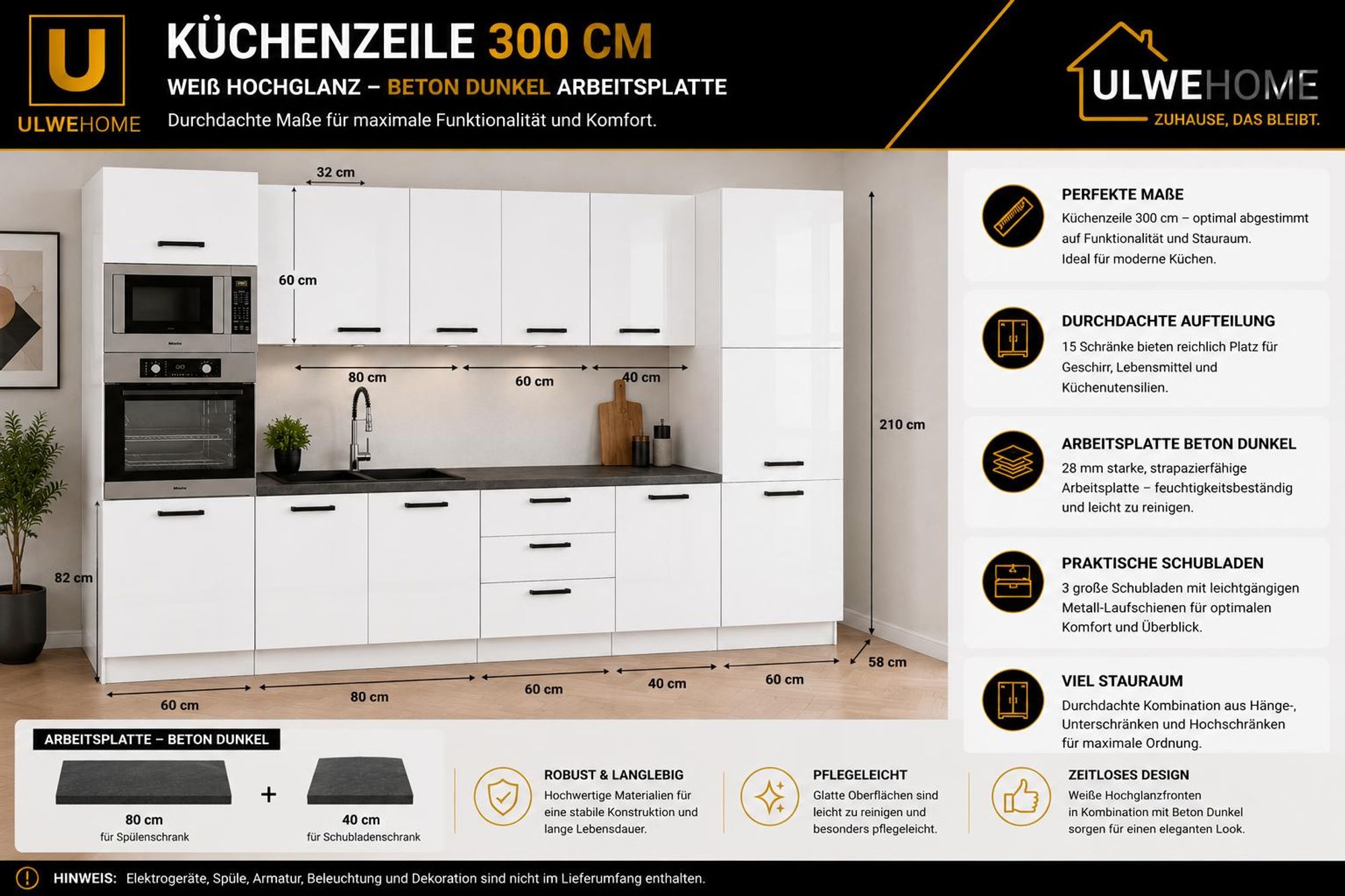 Küchenzeile 300 cm Weiß Hochglanz: Maße, Abmessungen & Schrankaufteilung