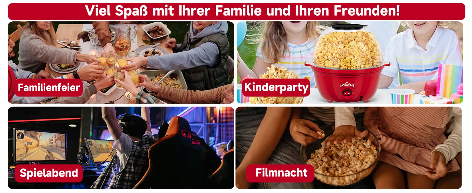 HOMELUX Popcornmaschine Popcorn Maker 450W Mini Popcorn Maschine inkl. Messlöffel Antihaftbeschichtung Gesunder Snack Popper Ohne Fett Öl Für Zuhause