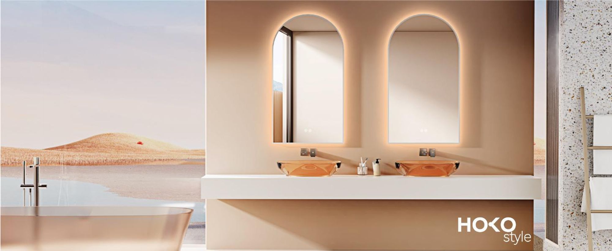 HOKO Specchio curvo a LED con cornice in metallo 60x100 cm Antiappannamento Bianco caldo e bianco freddo Bagno e corridoio Sensore tattile e funzione memoria