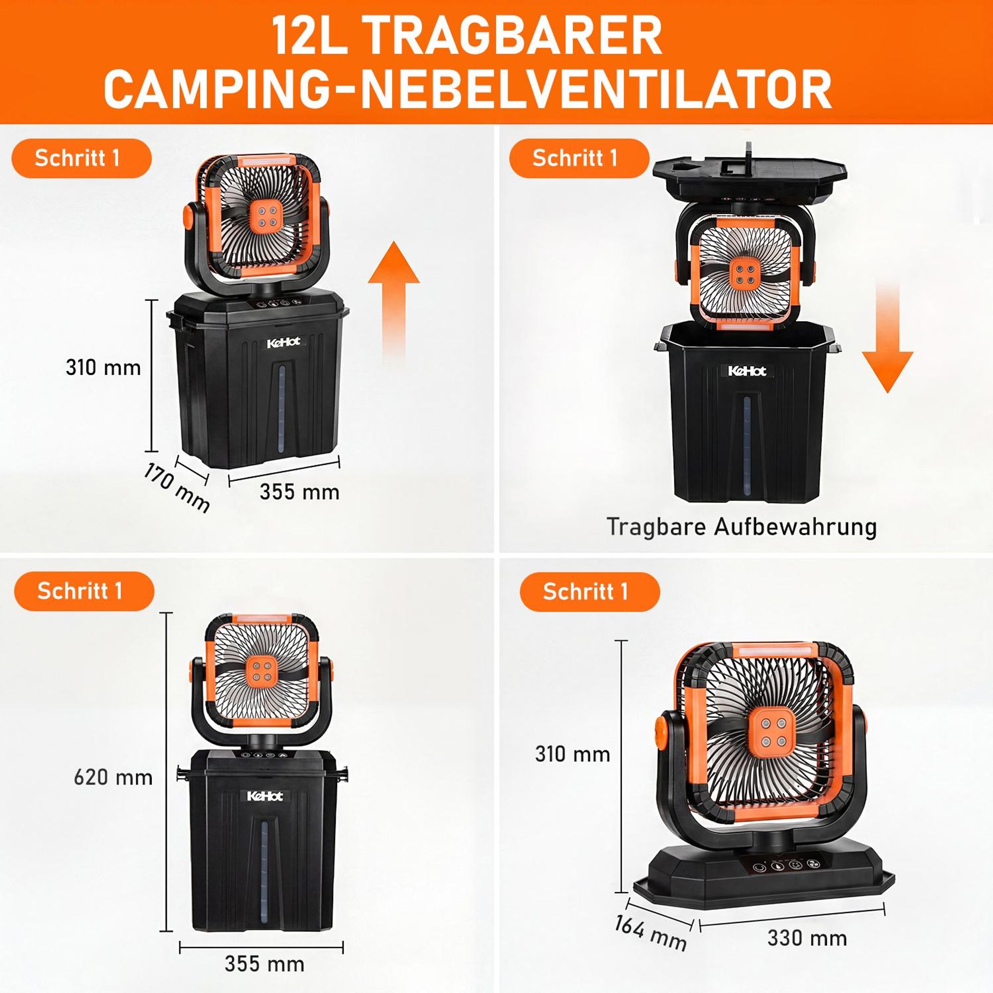 Kehot Campingventilator mit Sprühfunktion 12L Wassertank 10000mAh Akku 120° Oszillation LED Licht Fernbedienung USB-C Outdoor Ventilator für Camping W