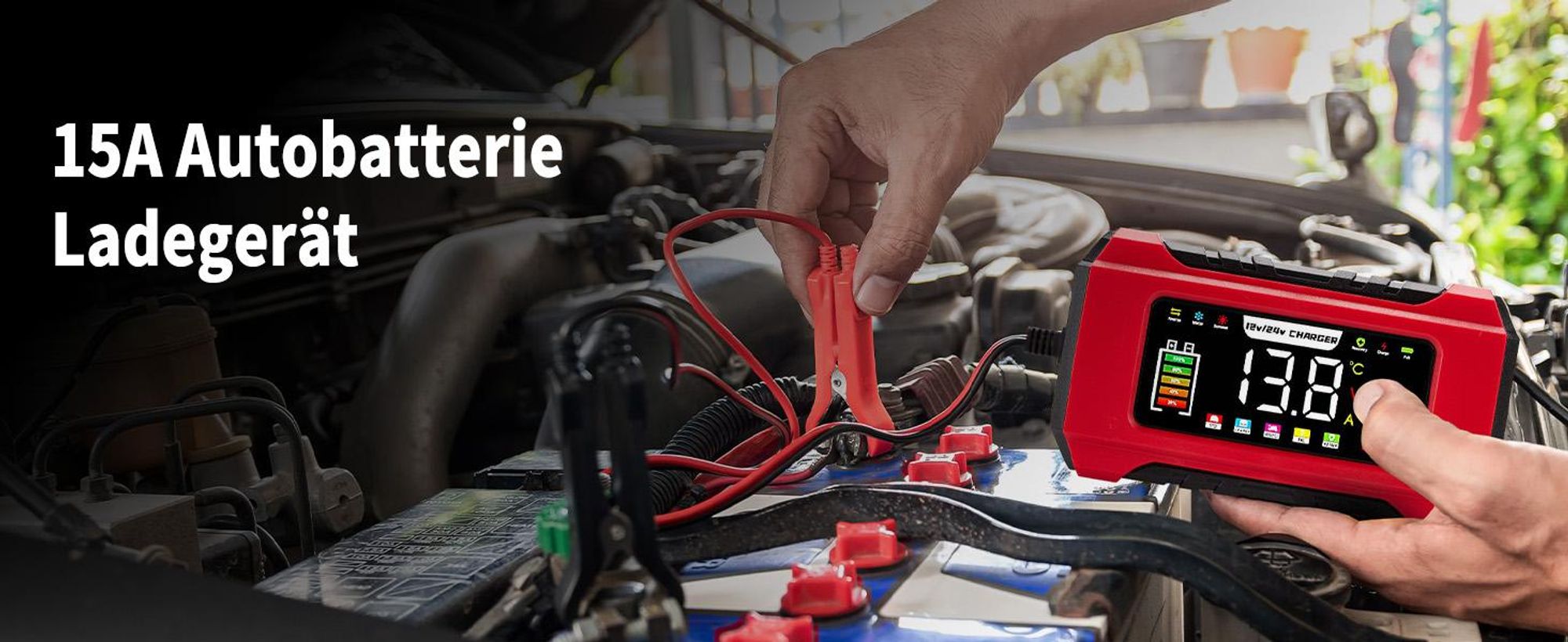 15A KFZ Batterieladegerät, Autobatterie ladegerät 12V/24V mit Reparaturmodus und Erhaltungsladung für Auto, LKW, Motorrad, Boot