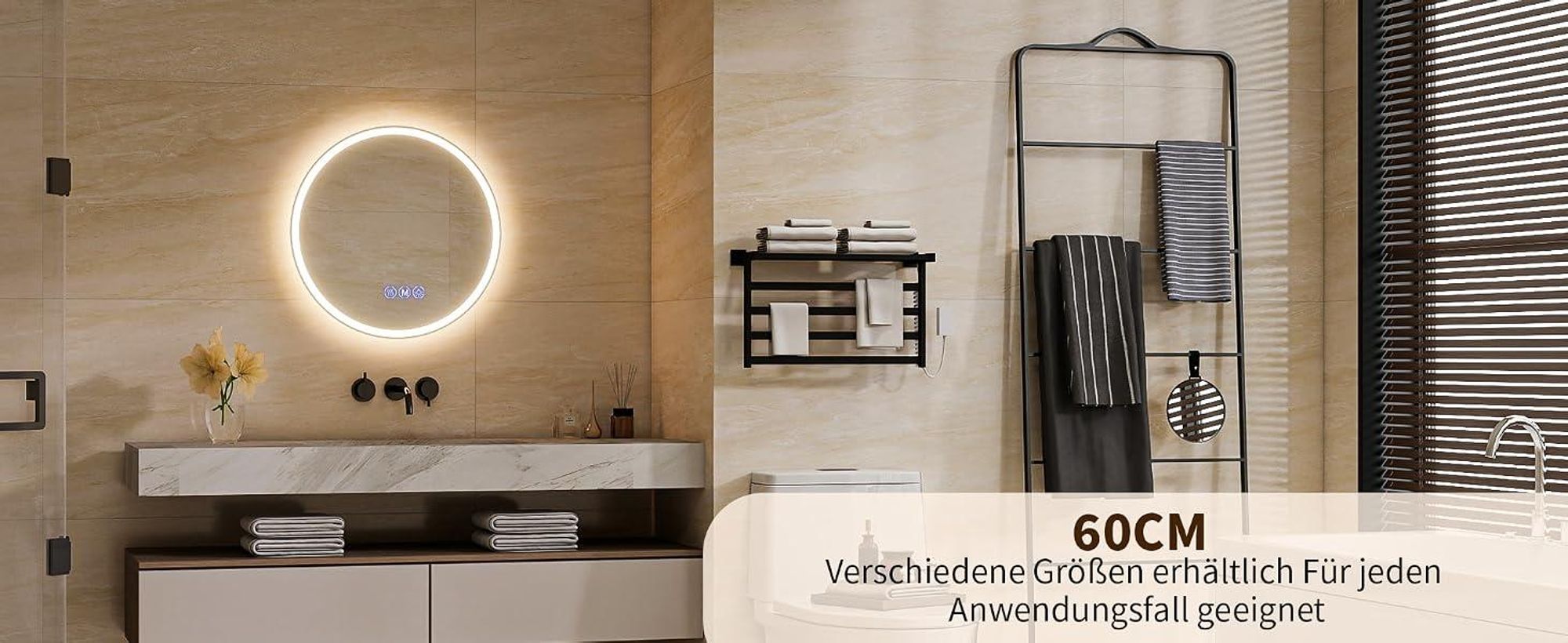 Koonmi runder LED Badspiegel 80 cm, dimmbar, Wandspiegel mit 3 Lichtfarben, Antibeschlagfunktion und bruchsicherem Glas für Badezimmer und Waschtisch