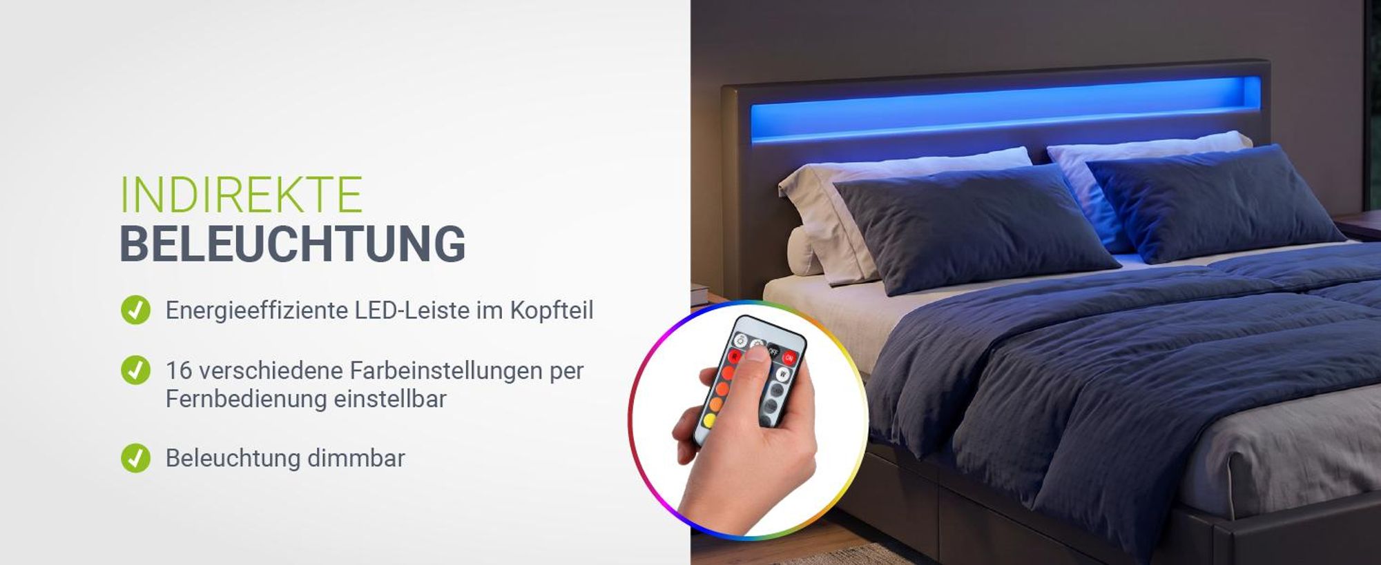 Juskys Polsterbett Lyon 140 x 200 cm grau – Bettgestell mit Lattenrost, Bettkasten & LED Beleuchtung – Kunstleder & Holz – Bett Jugendbett