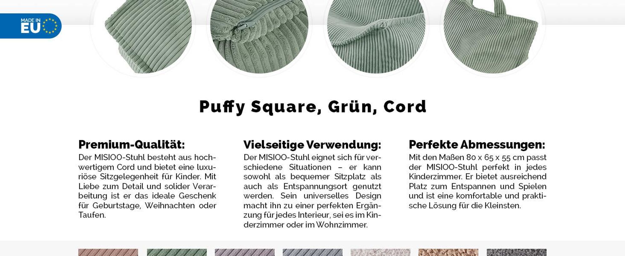 MISIOO Sitzsack Kinder – Großer Sitzsack – Big Bag für Kinder – Cord-Material – 77x67x50 cm – Waschbarer Stoff – Griff für einfaches Tragen – Olive