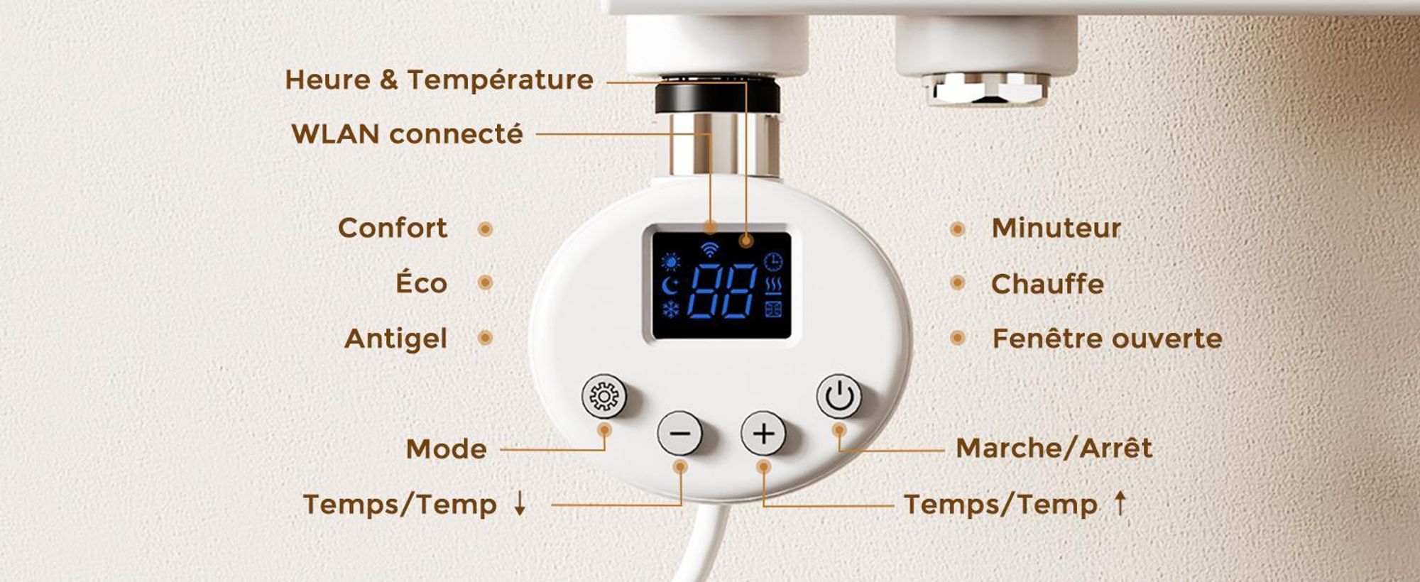 S'AFIELINA thermoplongeur avec thermostat 900W, minuterie programmable & affichage LCD, WiFi, pour radiateur de salle de bain, acier inoxydable, contrôle intelligent, blanc