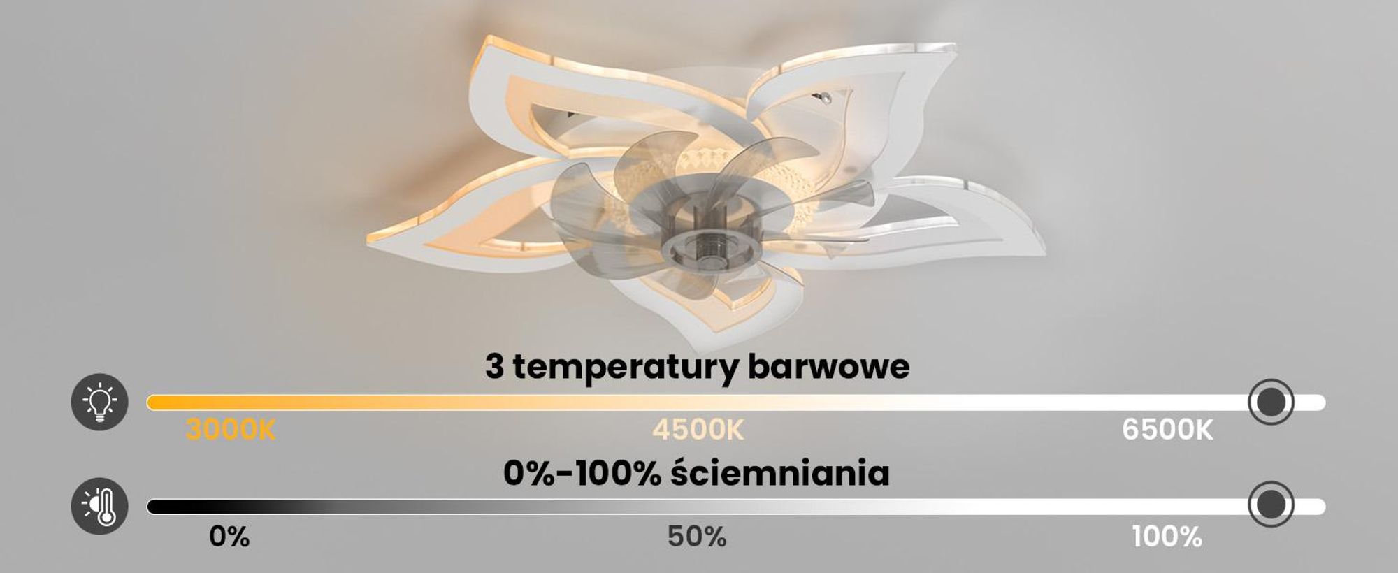 Wentylator sufitowy Heilmetz z oświetleniem, średnica 69 cm, 3 barwy światła z regulacją jasności, 6 prędkości, cichy wentylator LED z pilotem, biały