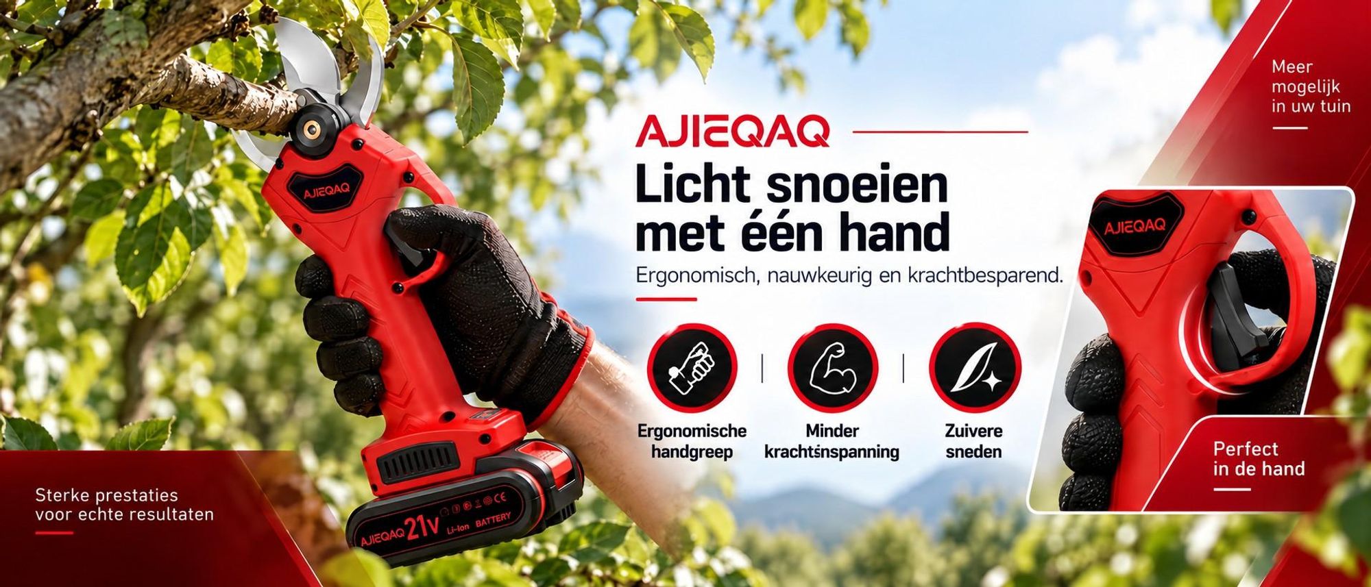 Accu snoeischaar 21V Brushless, 2×2,0Ah accu’s, 25 mm snoeicapaciteit, SK5-mes, elektrische takkenschaar met koffer