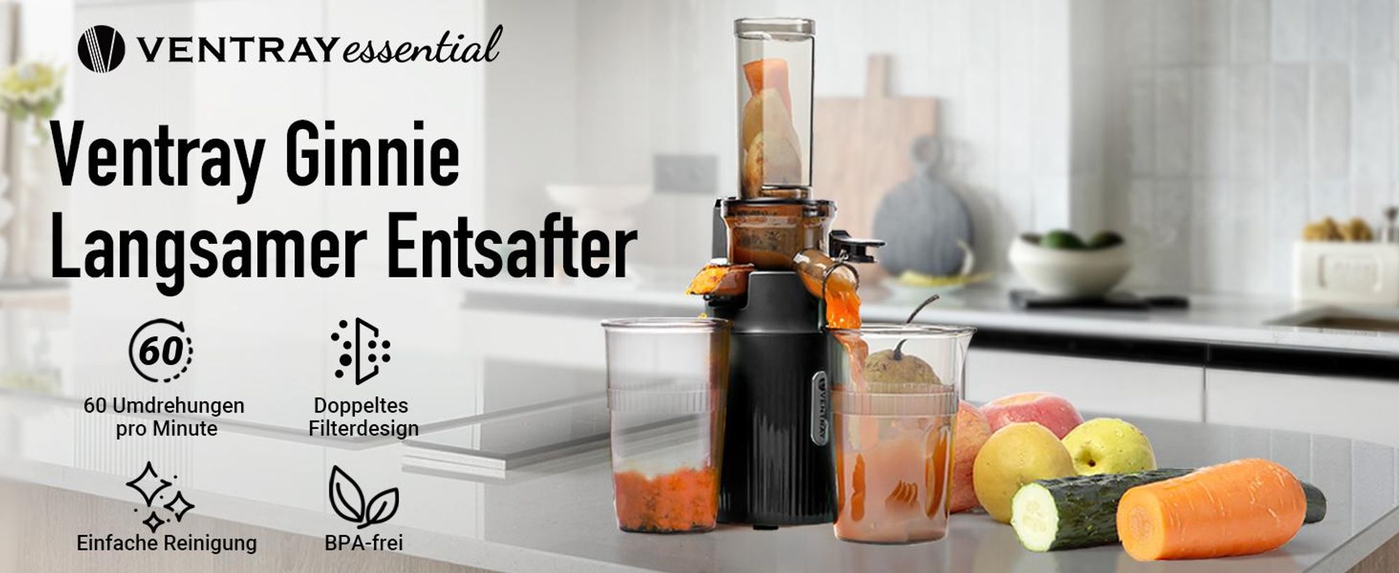 Ventray Essential Ginnie - Kaltpress Entsafter, Slow Juicer Kompakt & Leise (60 U/min, 45mm Einfüllöffnung), BPA-frei, 400ml, Einfache Reinigung