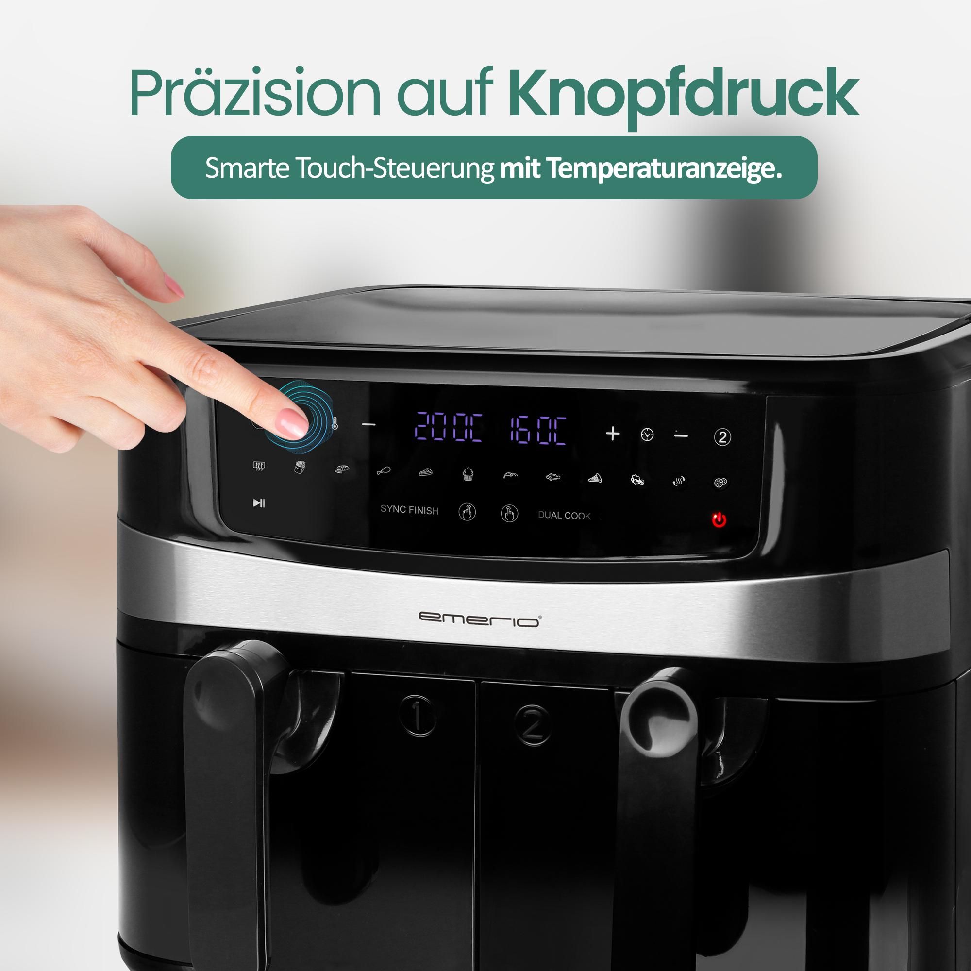 Emerio Doppelte XXL-Heißluftfritteuse 2400 W – 10 Liter – Einstellbares Thermostat 50–200 °C – 9 Kochprogramme – AF-126672.4 Schwarz