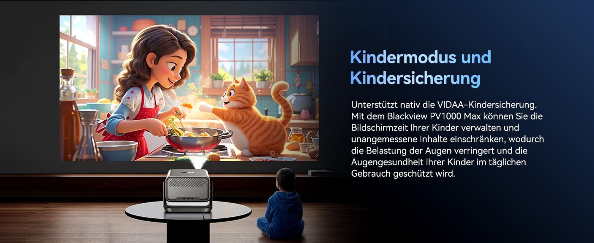 Blackview PV1000 Max, 1000 ANSI-Lumen, 1080p FHD, VIDAA OS, Dolby Audio 12W, 6-in-1 TOF AF, 40-150 Zoll, MT9660, WiFi 5+BT 5.0, AirPlay 2, 360° Gimbal
