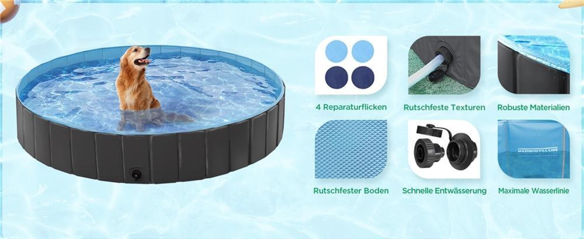 Yaheetech Faltbare Hundepool ⌀100 cm, Planschbecken für Hunde, mit Badebürste & 4 Flicken, Anti-Rutsch Hundebadewanne aus PVC, Schwarz