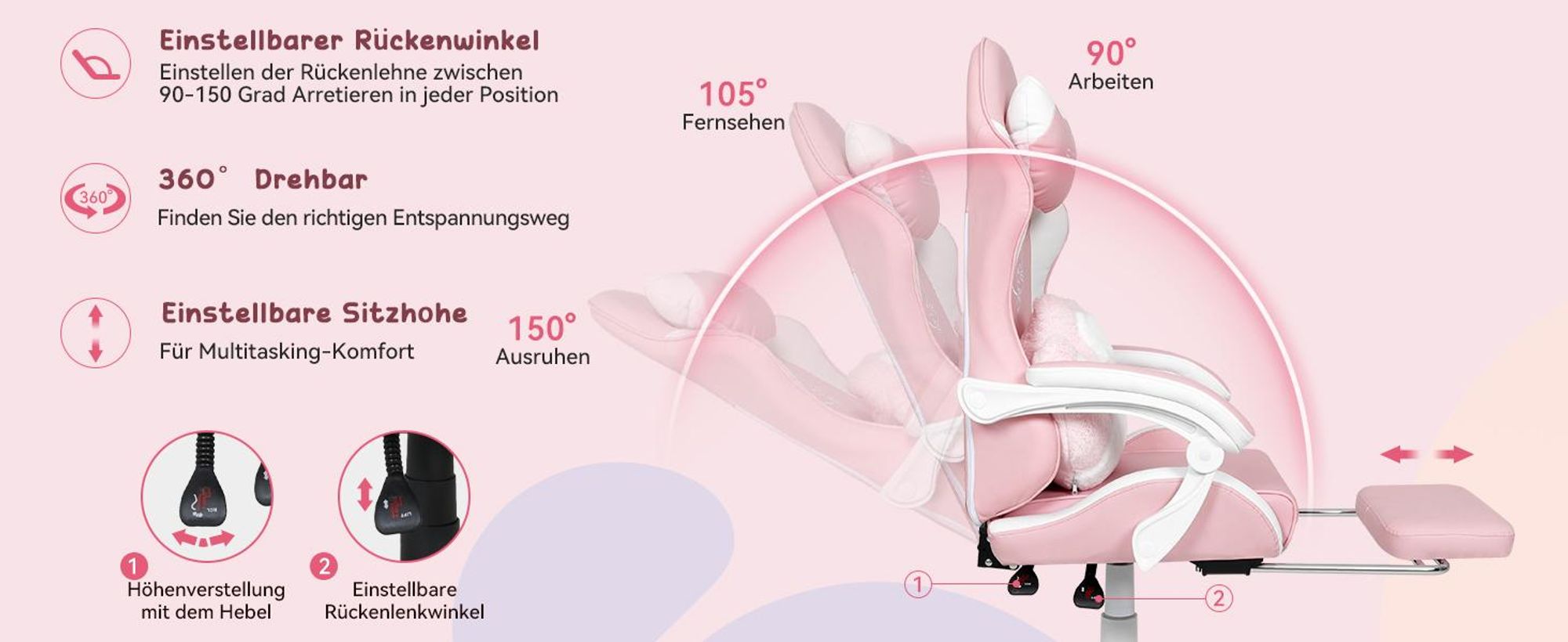 Puluomis Gaming Stuhl mit Fußstütze, Bürostuhl Chefsessel Schreibtischstuhl Racing Stuhl ergonomisch drehbar höhenverstellbar Katze Weiß Pink