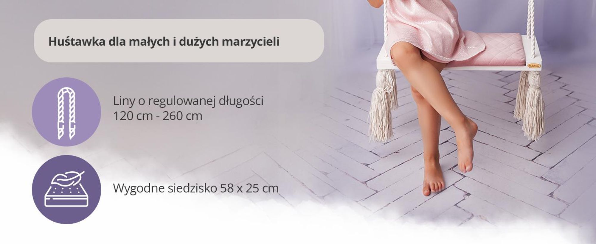 Create for you® - Drewniana Huśtawka dla Dzieci bezpieczna, domowa - duży Bujak dziecięcy, Indoor, Siedzisko miękki materiał, z Regulacją Wysokości - Róż