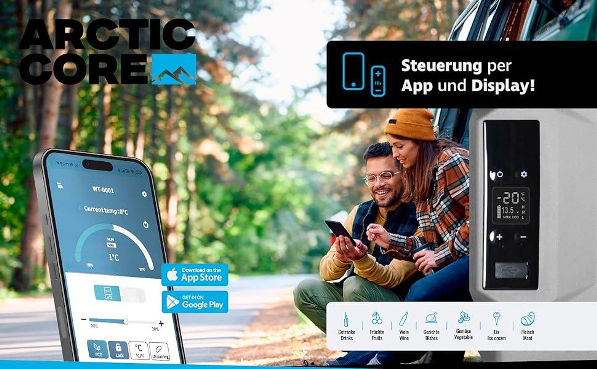 Belko® ArcticCore Kompressor Kühlbox 50L – elektrische Kühl- & Gefrierbox – 12/24V & 100–240V – große tragbare Camping Kühltruhe – grau