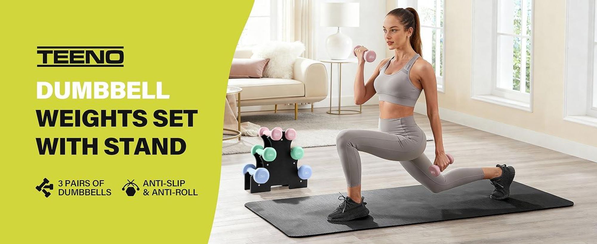 TEENO Neopren-Hanteln 9/12 kg mit Halterung – Set mit 6 Hanteln für Frauen und Männer, rutschfest, für das Training zu Hause, für Arme und Schultern