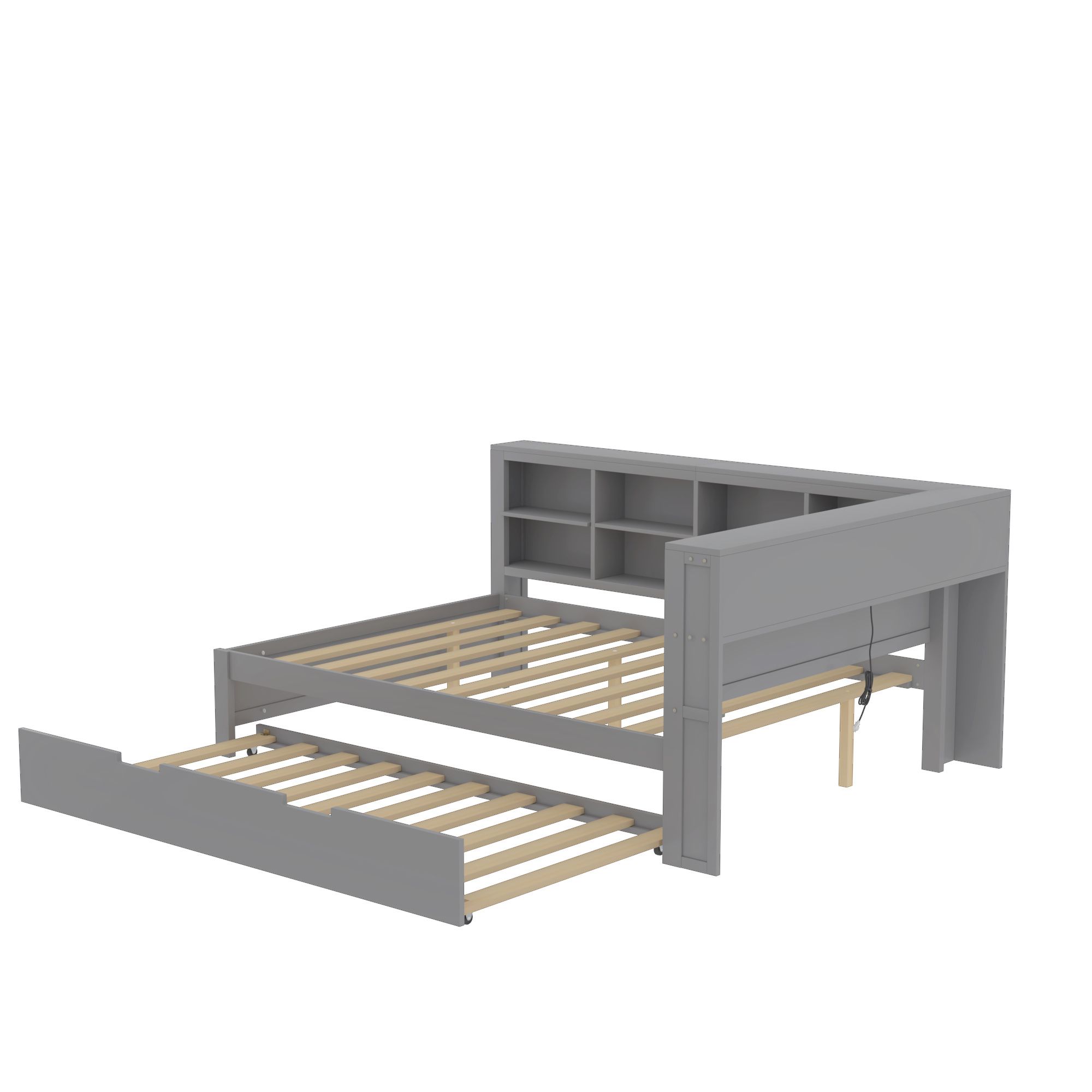 Flieks Schlafsofa Sofabett Holzbett 140x200cm mit Ausziehbett, Doppelbett Jugendbett mit USB und Regal, Kinderbett Tagesbett Daybed Funktionsbett Grau