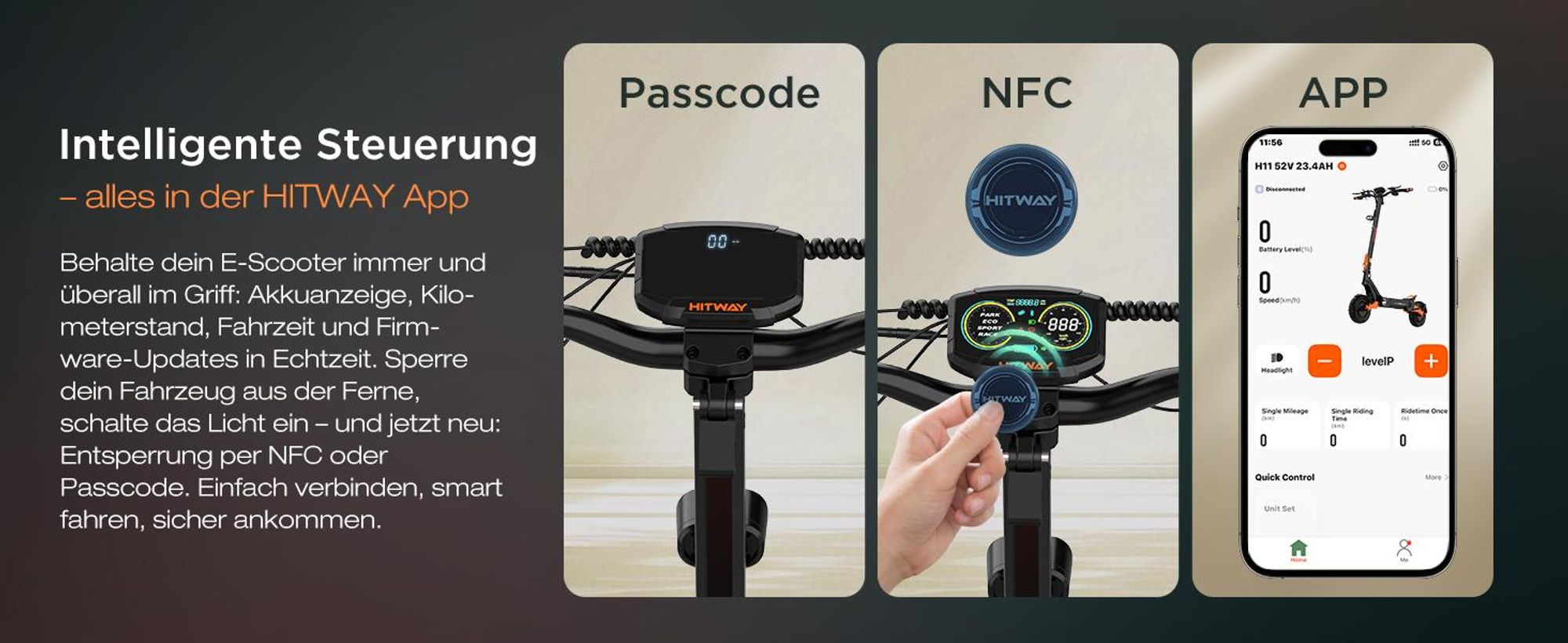 HITWAY E Scooter mit Straßenzulassung ABE, Elektroscooter mit 250W*2 Motor Spitze 1800*2, 10 " Offroad Luftreifen ,52V 23.4Ah,APP, NFC,Max 100 KM,IPX6